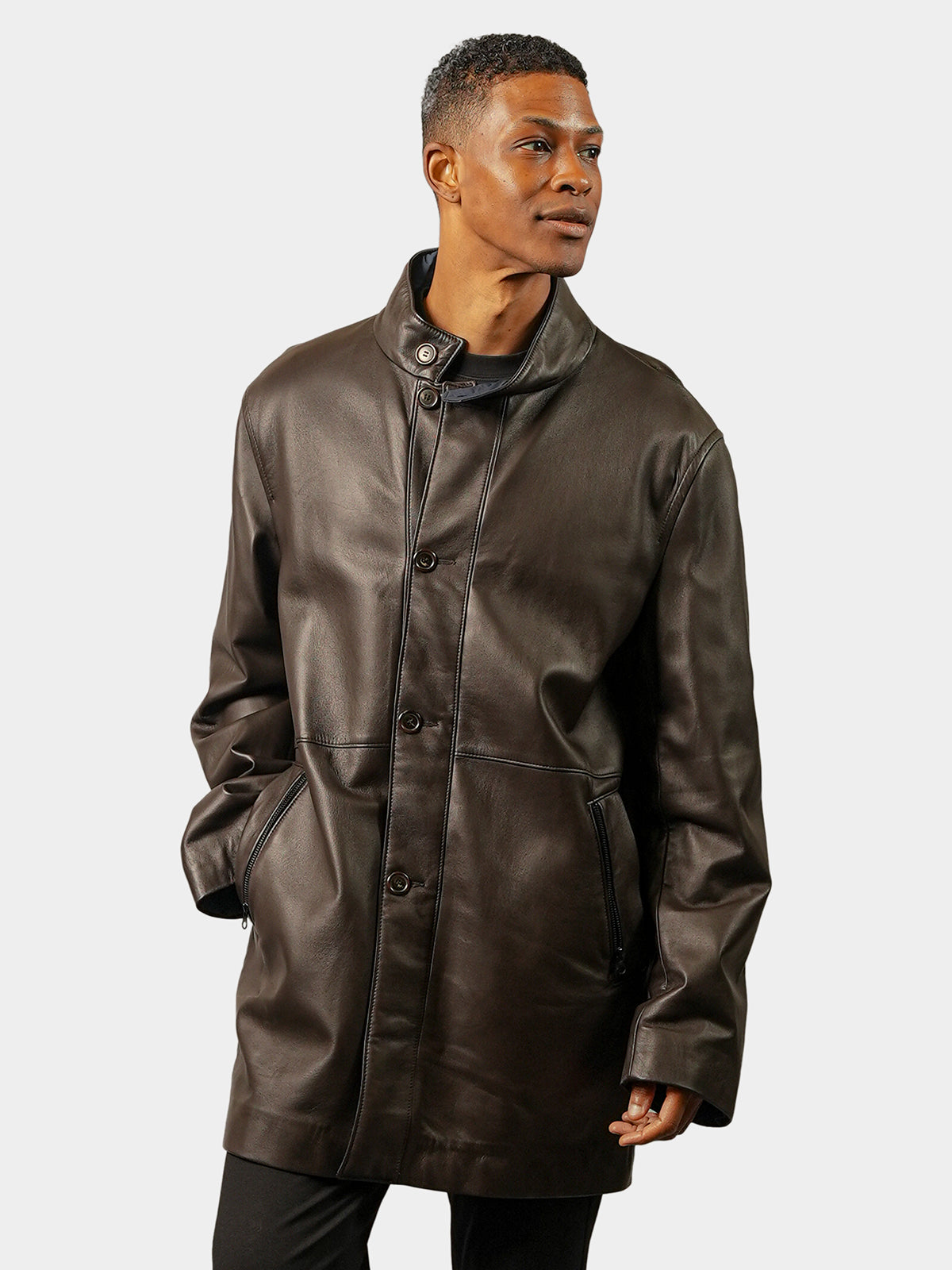 Man's Brown Leather 3/4 Coat Reversible to Navy Fabric