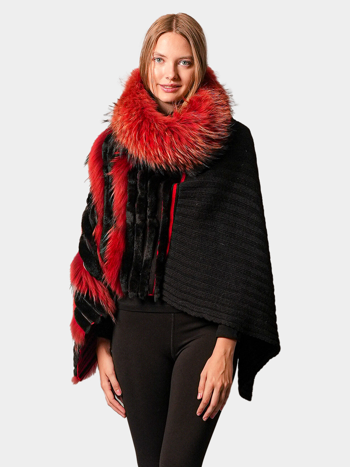 Women's Red & Black Wool Poncho