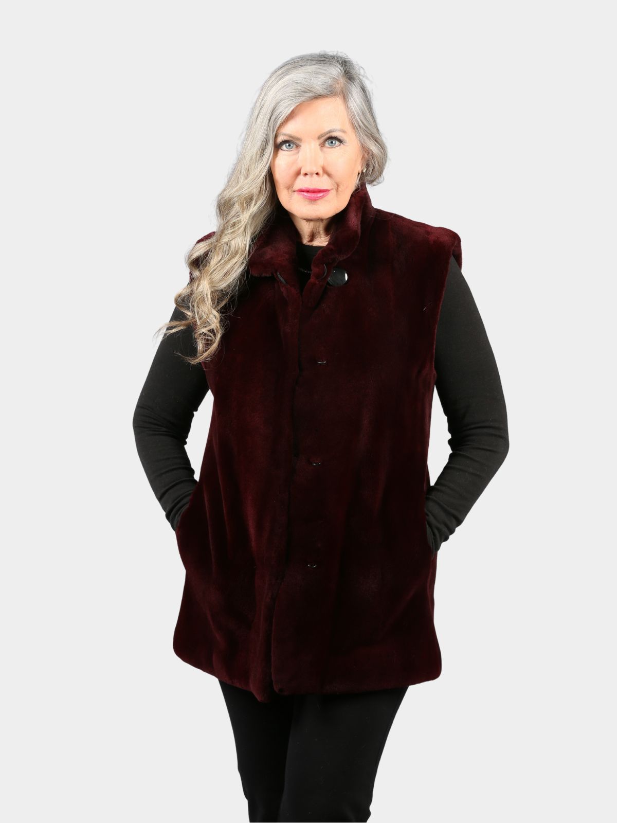Women's Burgundy Sheared Mink Fur Vest (Reversible)