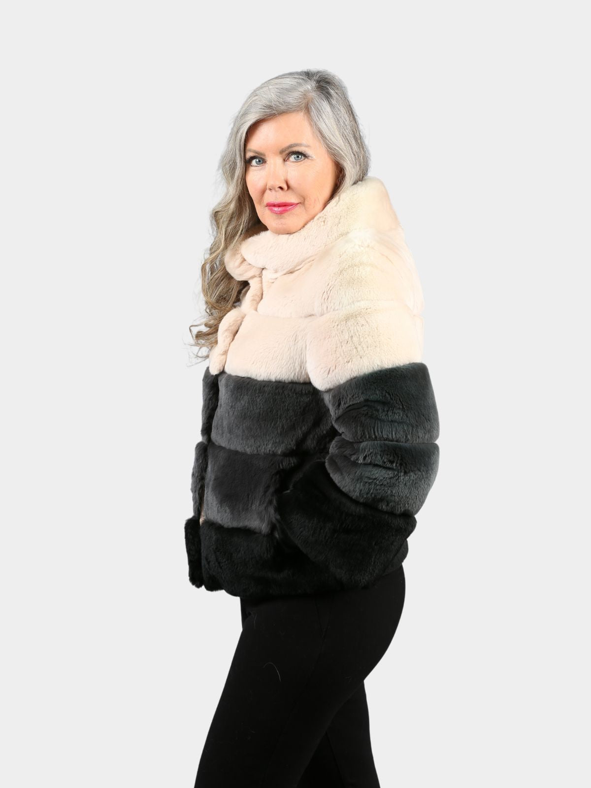 Women's Gray and Tan Rex Rabbit Fur Jacket