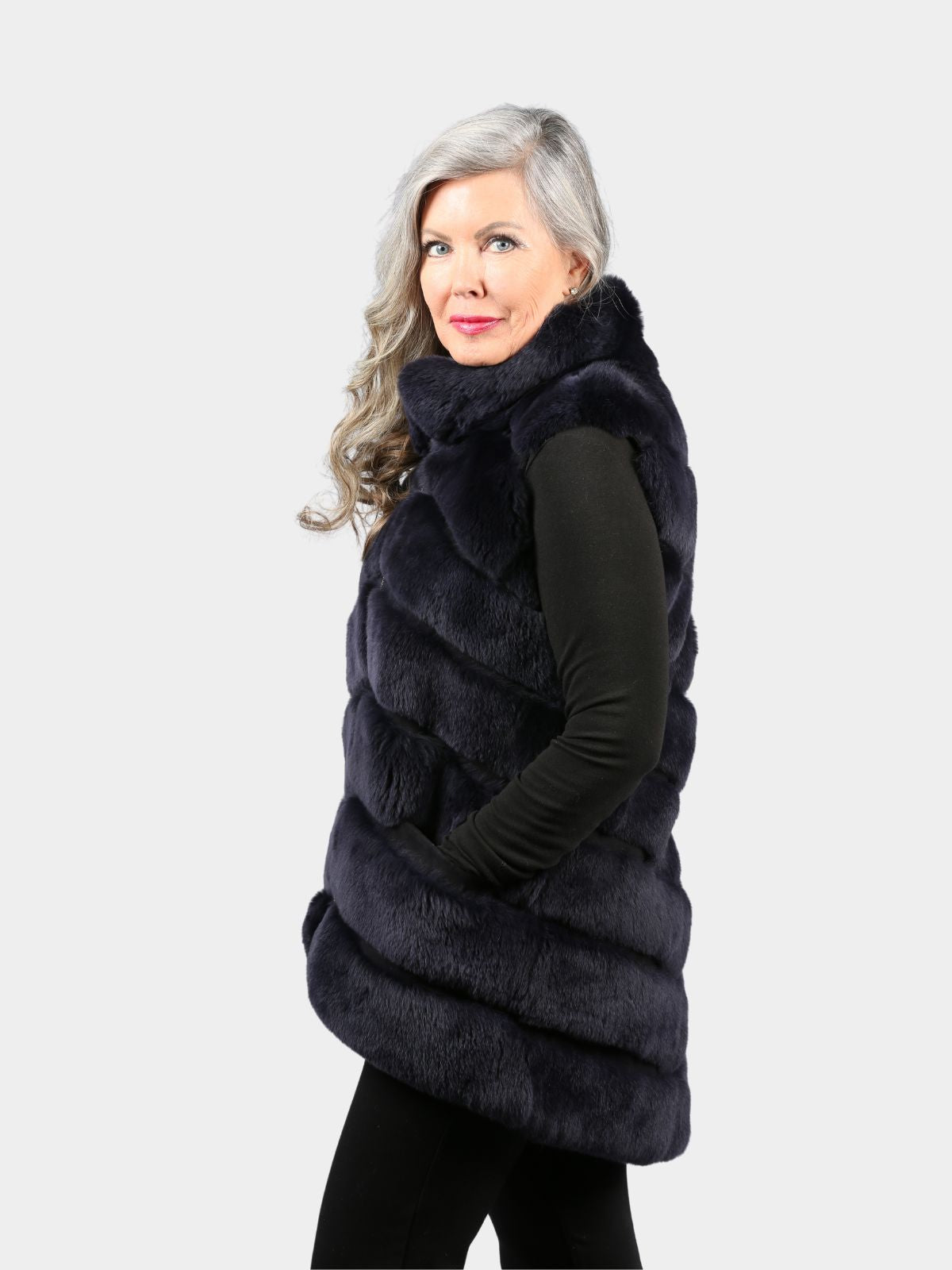 Women's Navy Rex Rabbit Fur Vest