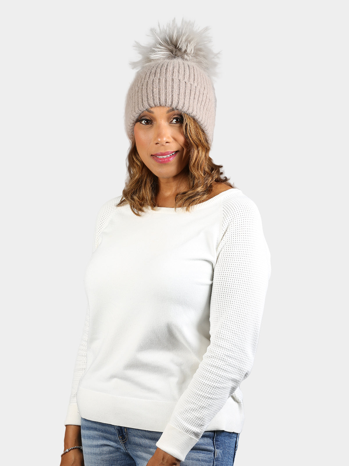 Women's Angora Hat with Dyed to Match Fox Fur Pom Poms