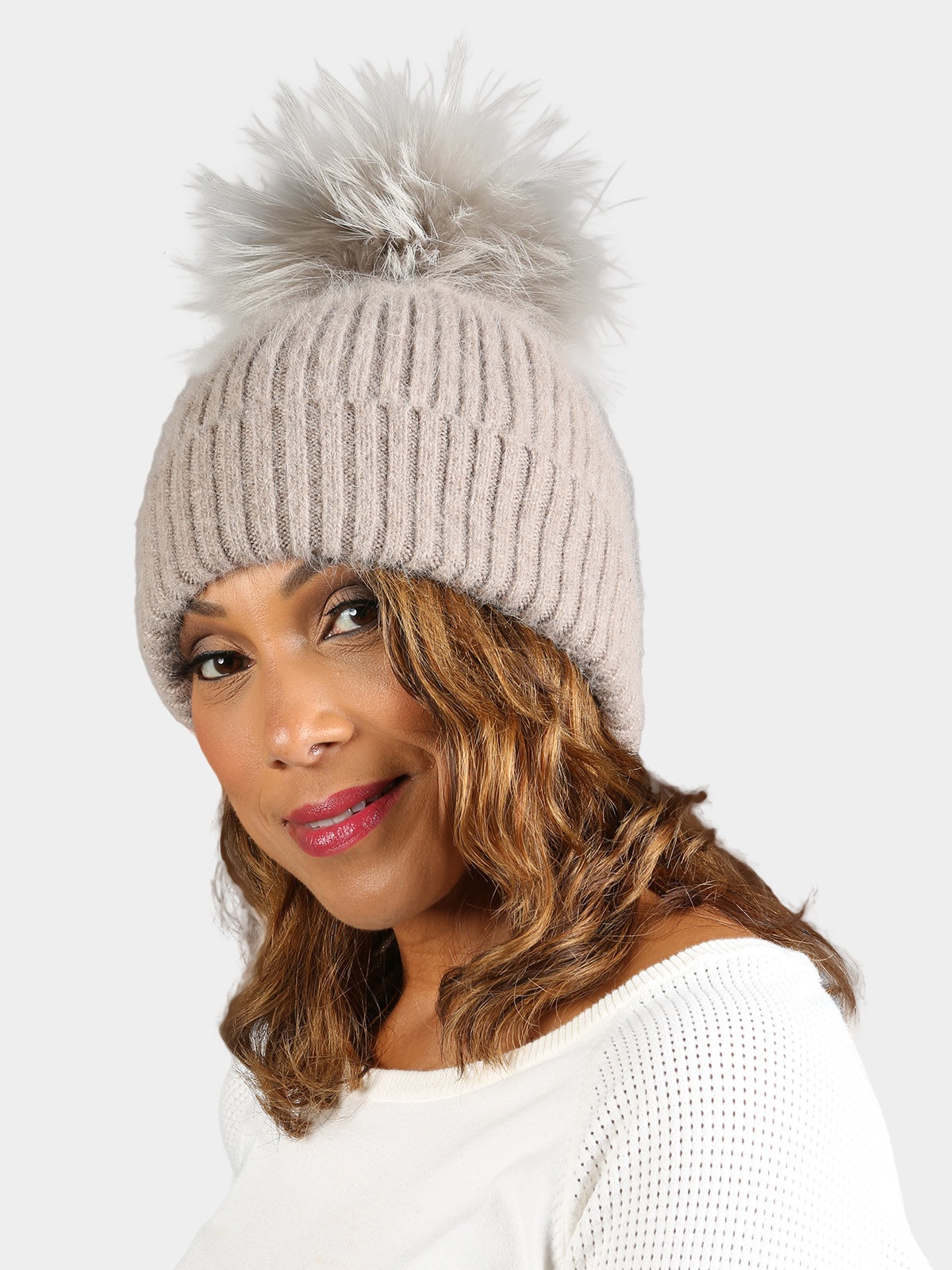 Women's Angora Hat with Dyed to Match Fox Fur Pom Poms