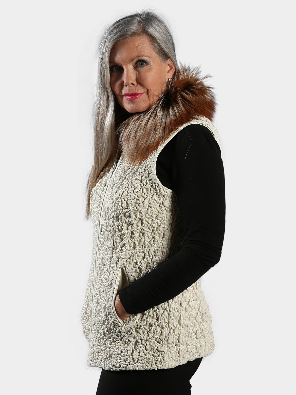 Woman's Ice Bubble Stretch Leather Vest with Brown and Black Fox Collar
