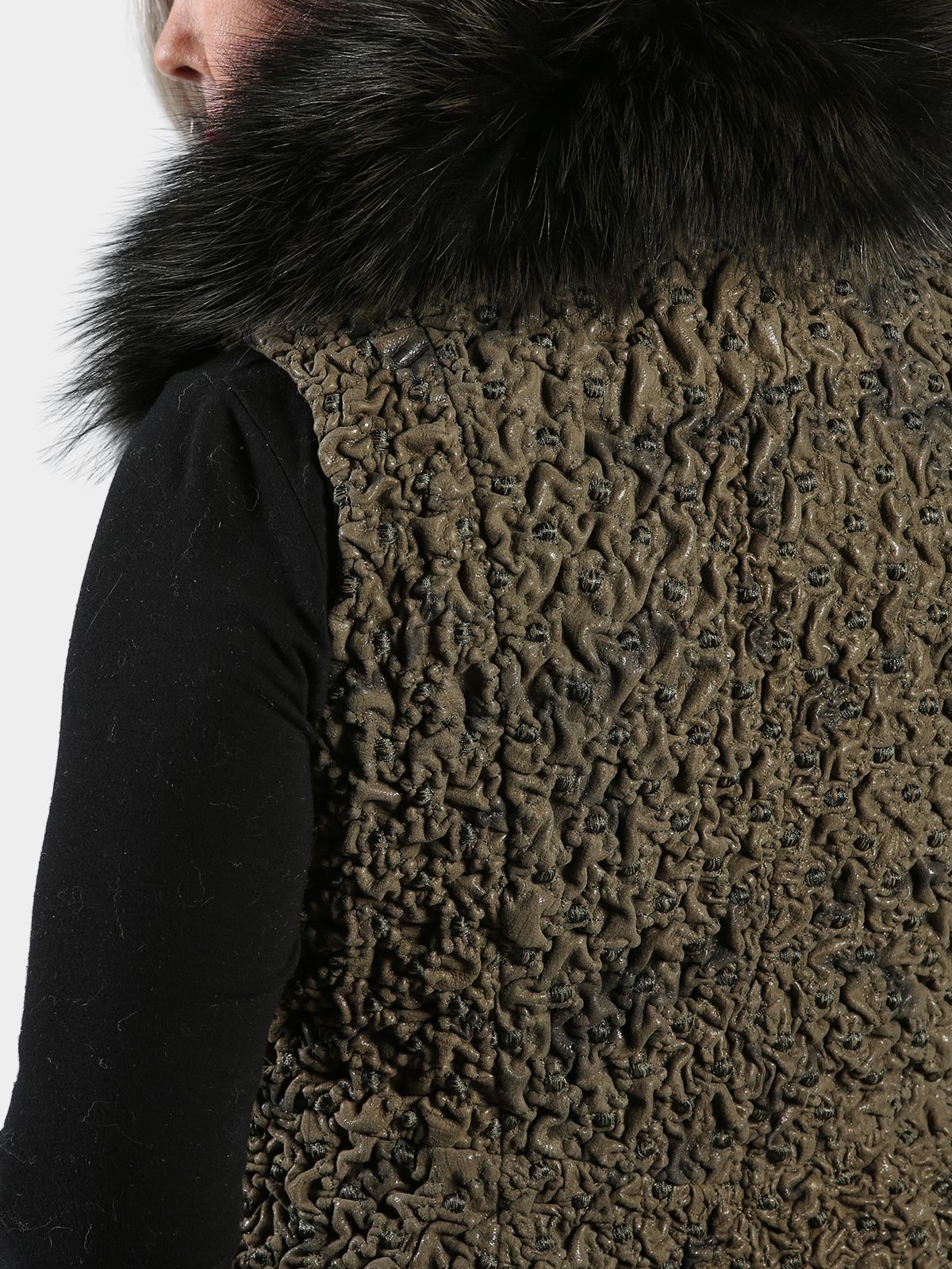 Woman's Shitake Bubble Stretch Leather Vest with Black Fox Collar
