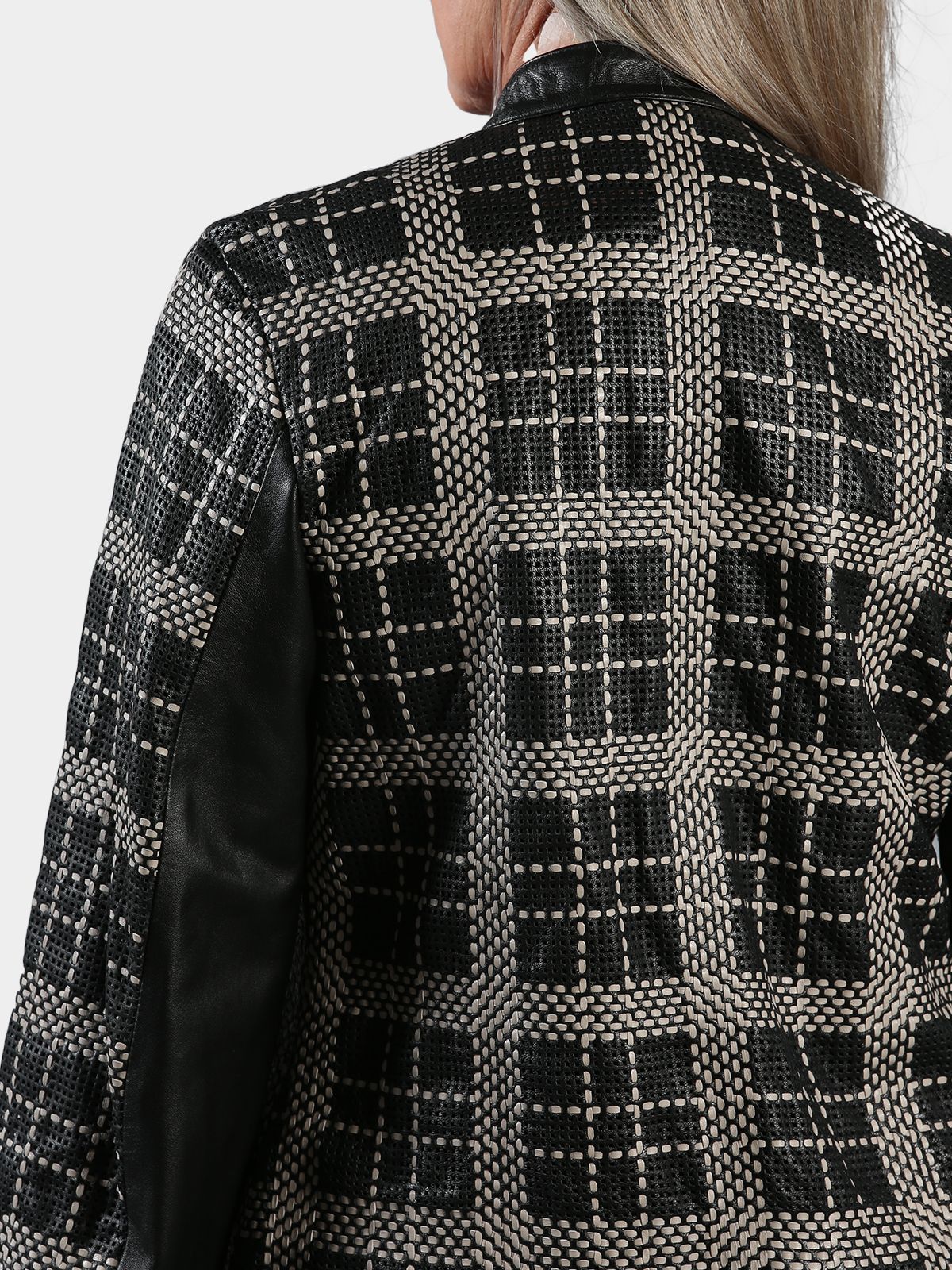 Woman's Black & Cream Plaid Woven Leather Jacket