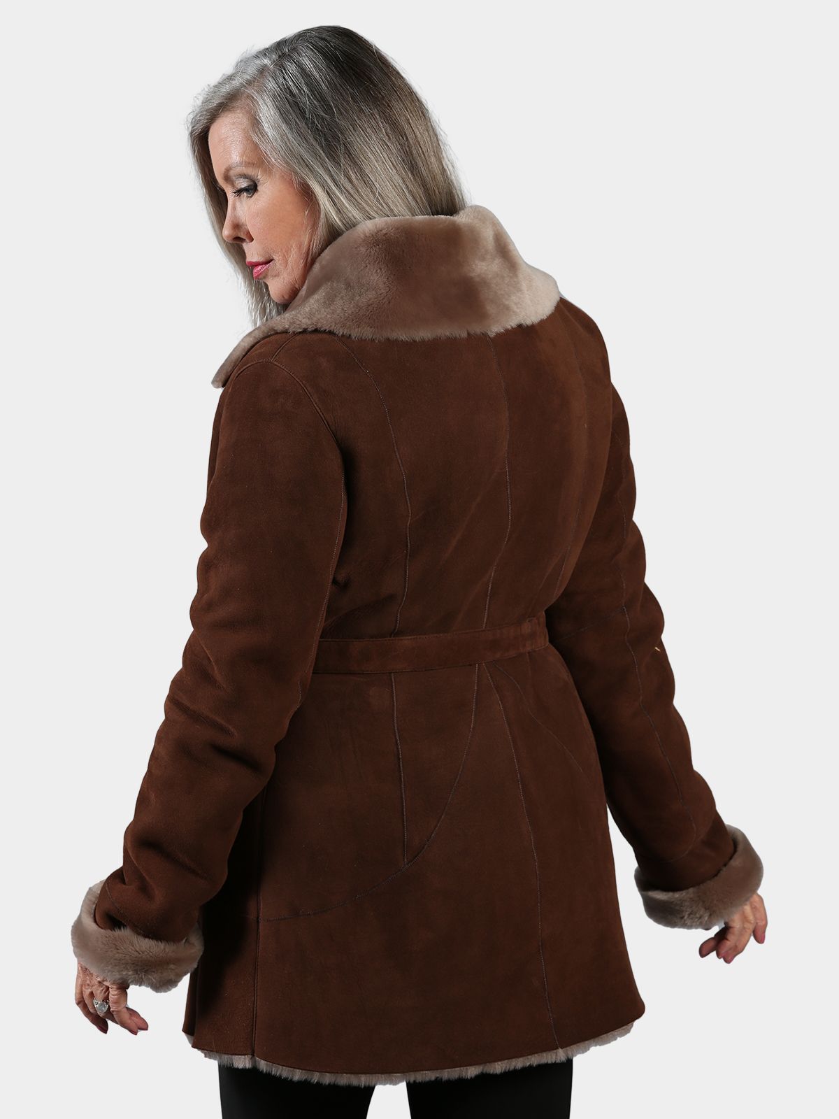 Woman's Sepia Belted Shearling Jacket