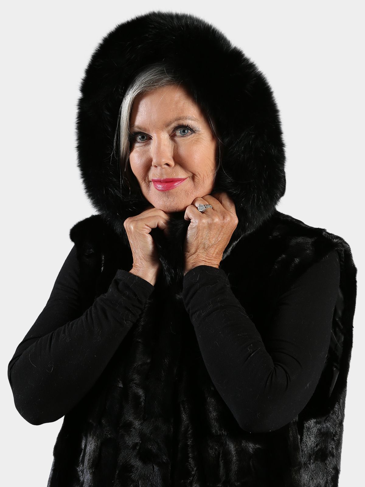 Woman's Black Full Length Sectioned Mink Fur Vest