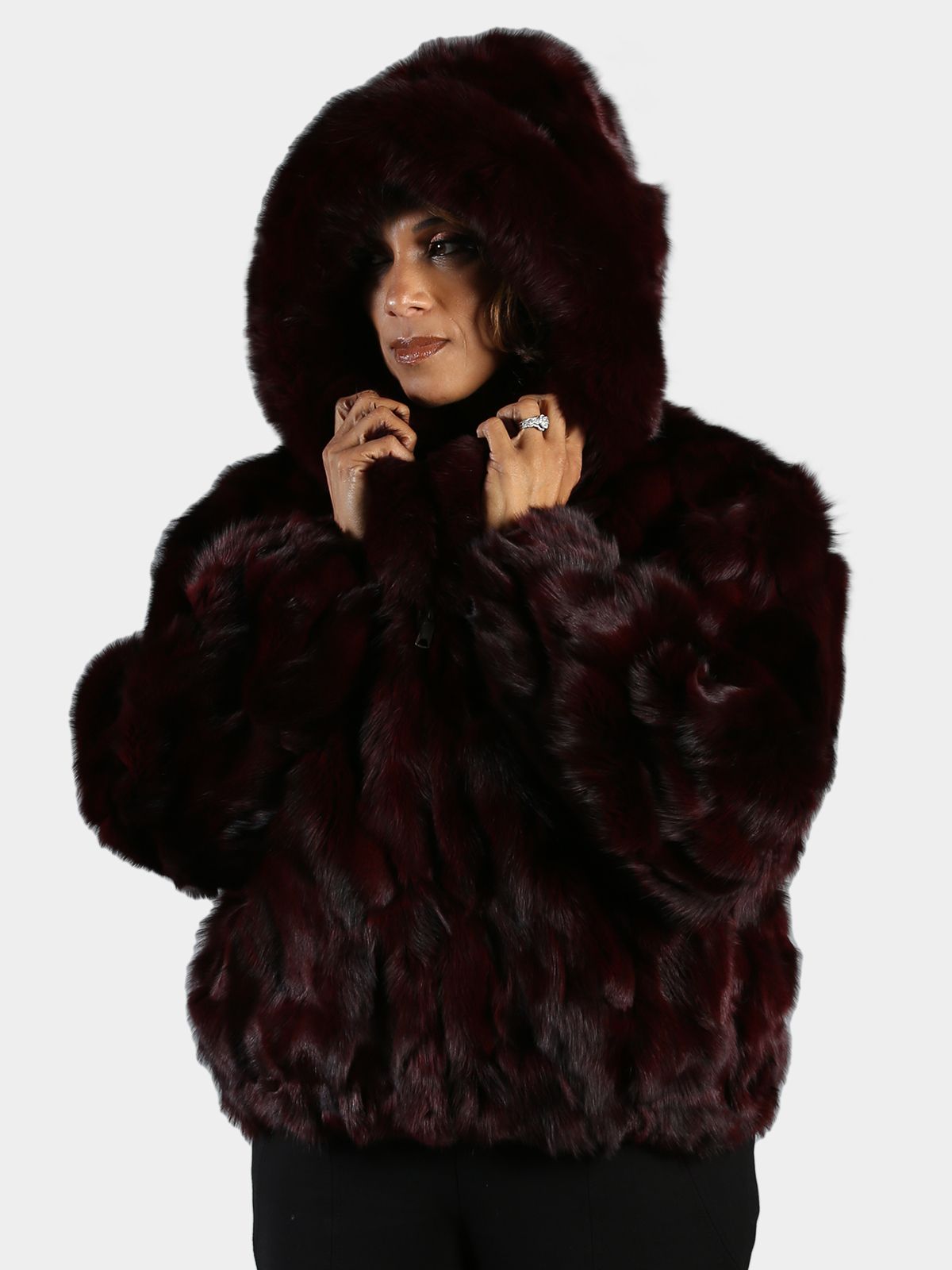 Woman's Burgundy Fox Fur Section Bomber Jacket with Hood