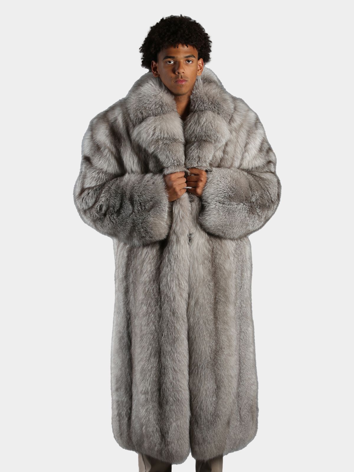 Man's Sapphire Fox Fur Trench Coat - Main Image
