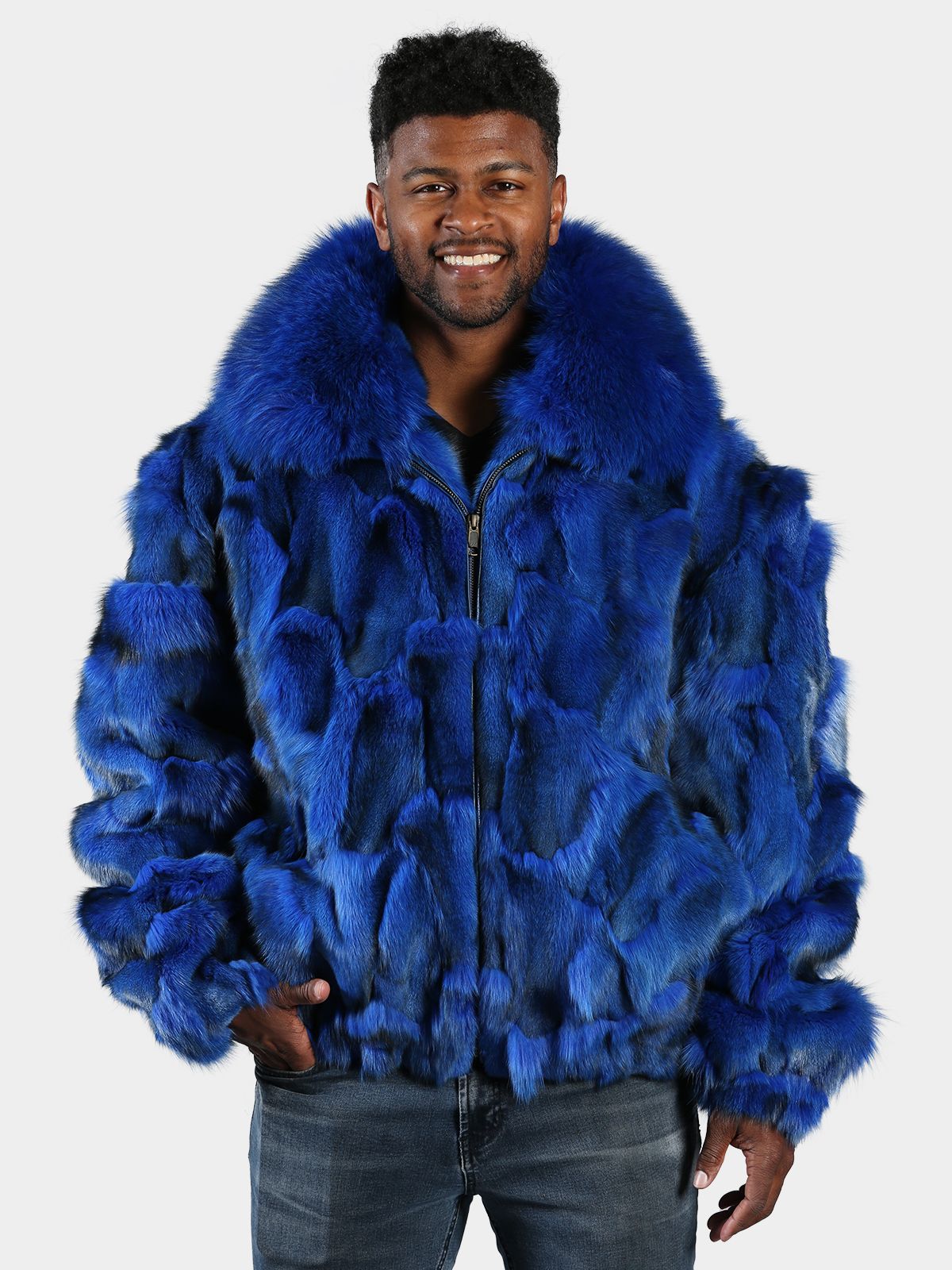 Man's Royal Blue Fox Section Fur Bomber Jacket - Main Image