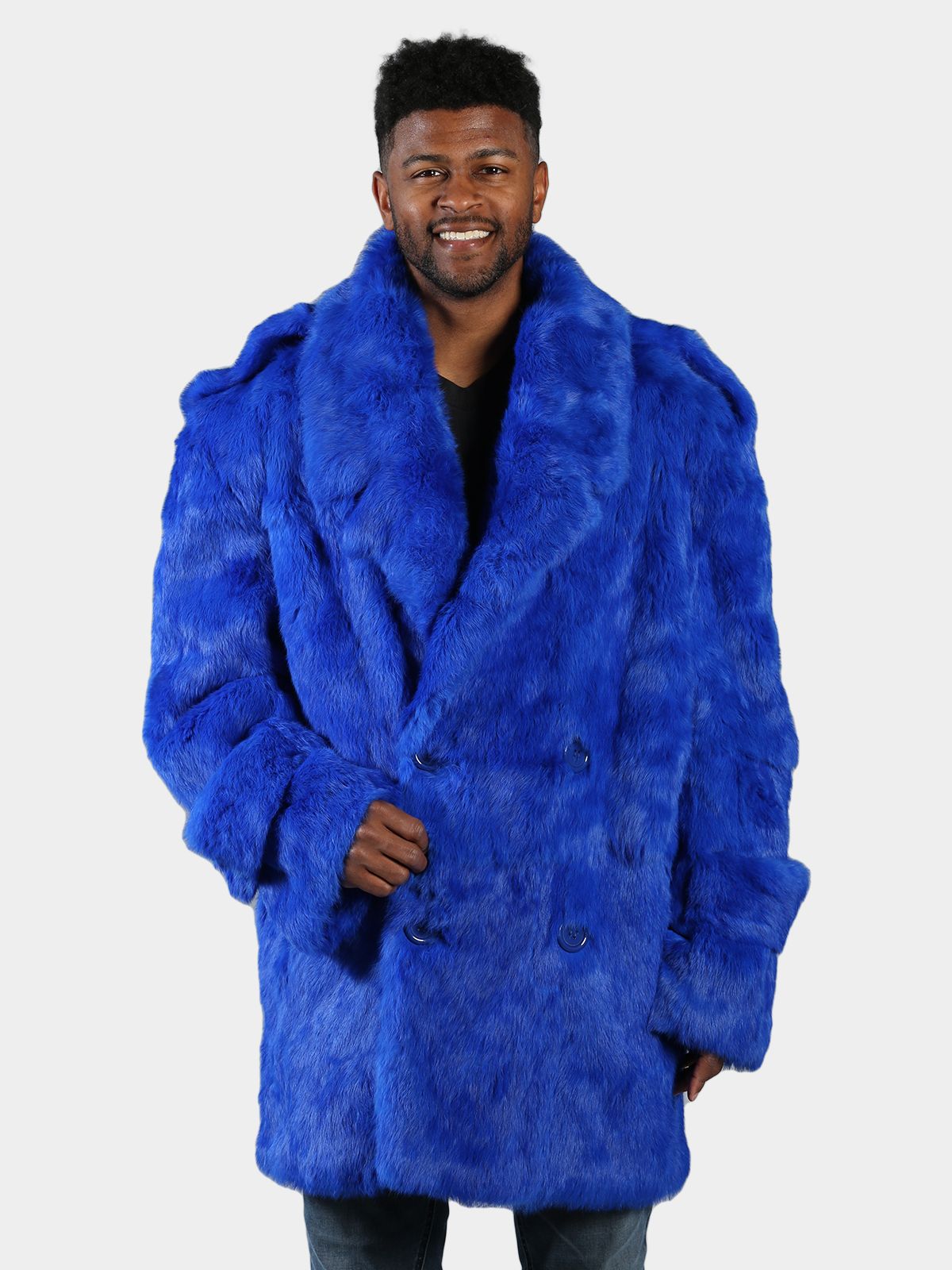 Man's Royal Blue Full Skin Rabbit Fur Pea Coat - Main Image