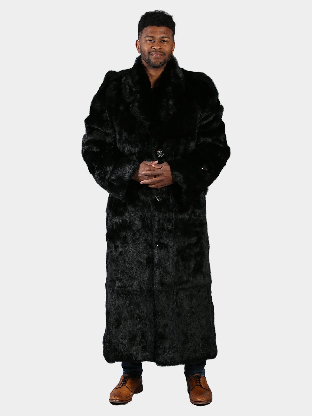 Man's Black Full Skin Rabbit Fur Trench Coat - Main Image