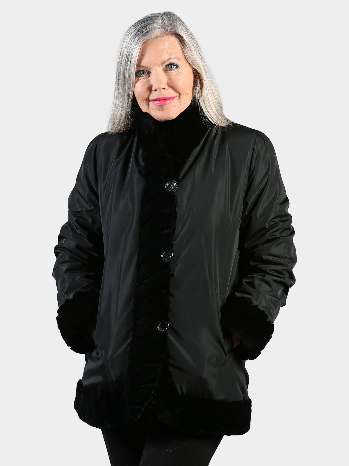 Woman's Black Sheared Mink Fur Jacket Reversible to Rain Taffeta