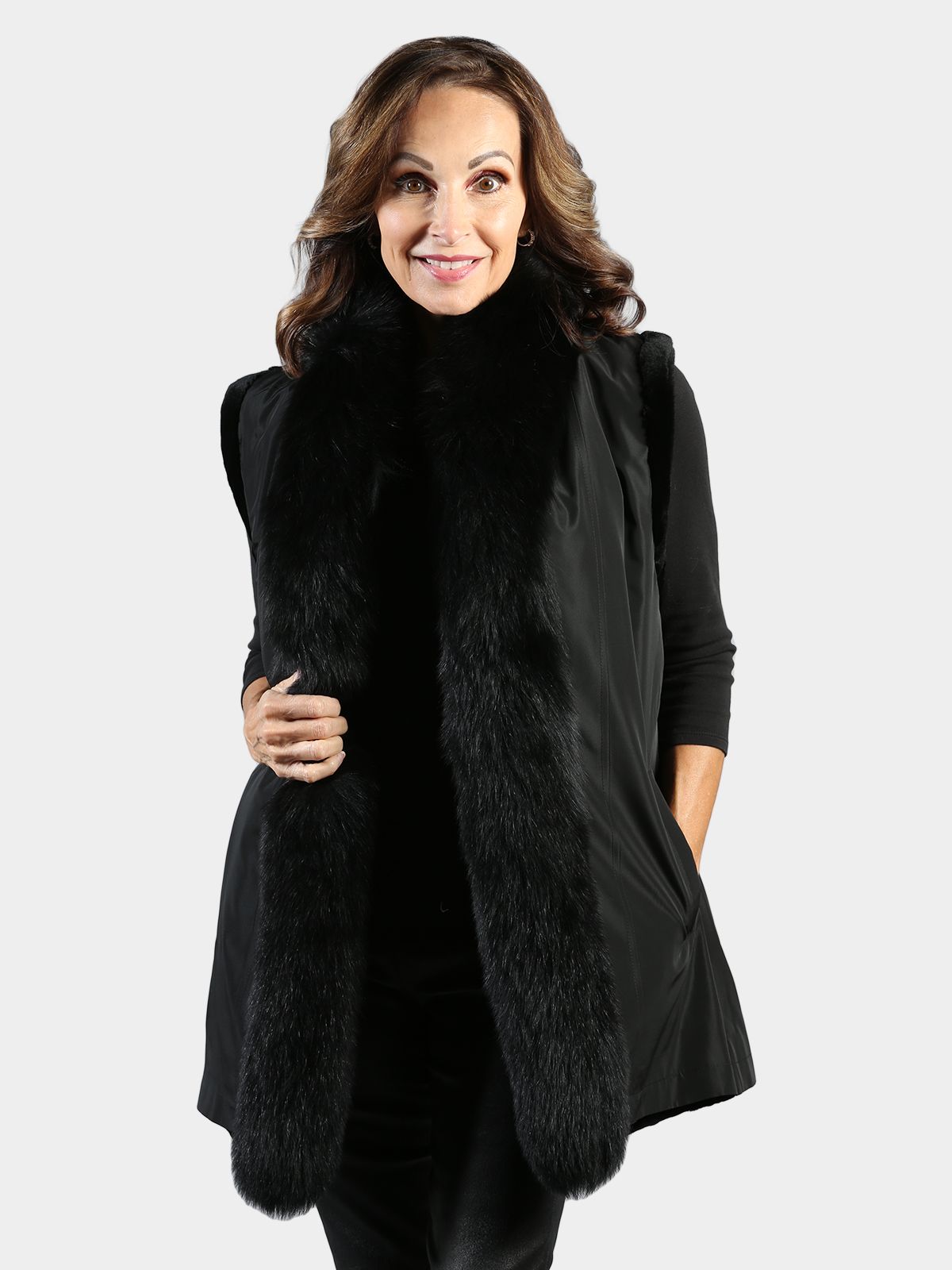 Woman's Black Sheared Mink Fur Vest with Black Fox Tuxedo Front Reversible to Rain Taffeta