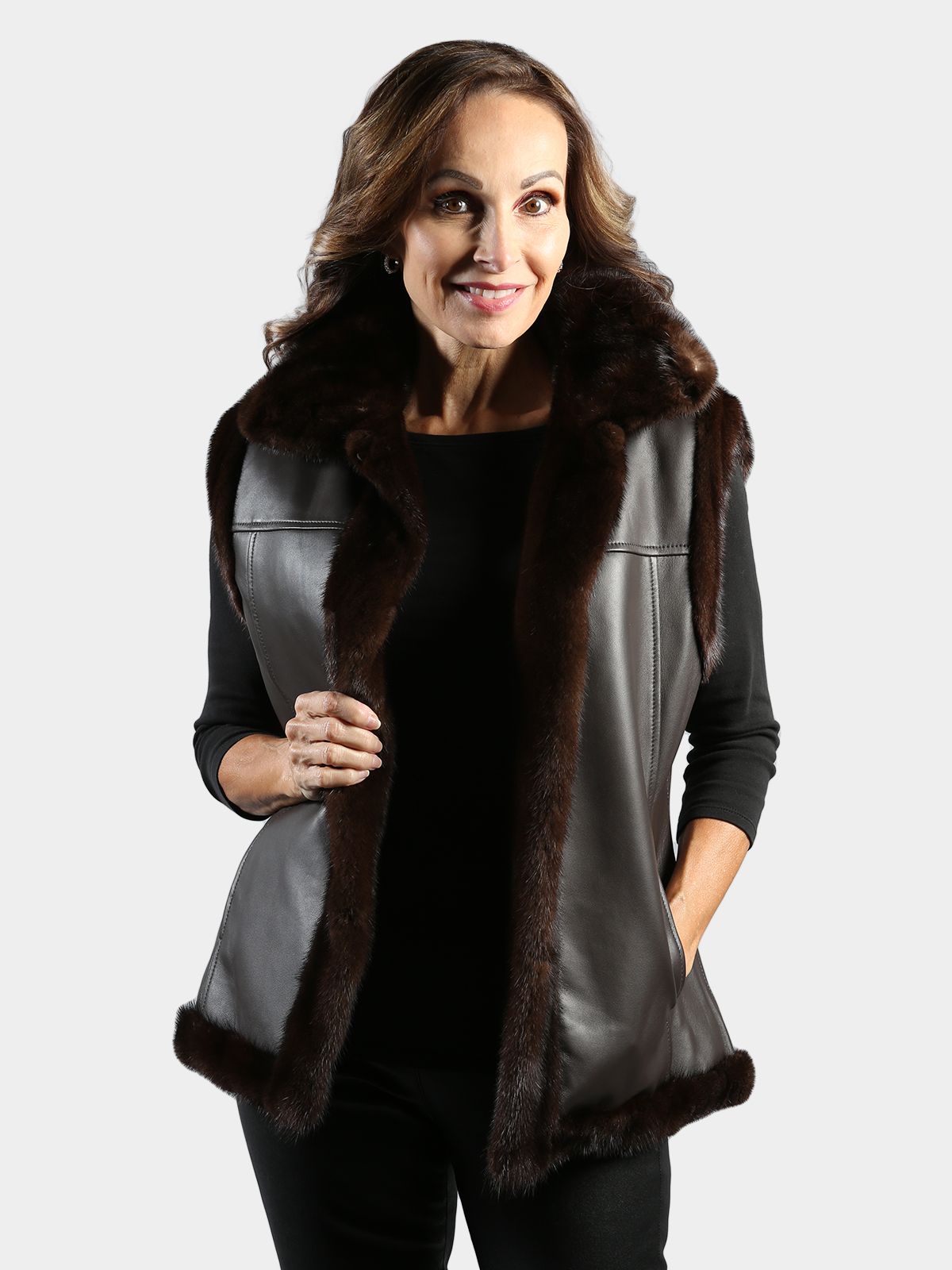 Woman's Mahogany Mink Fur Vest Reversible to Nappa Lamb