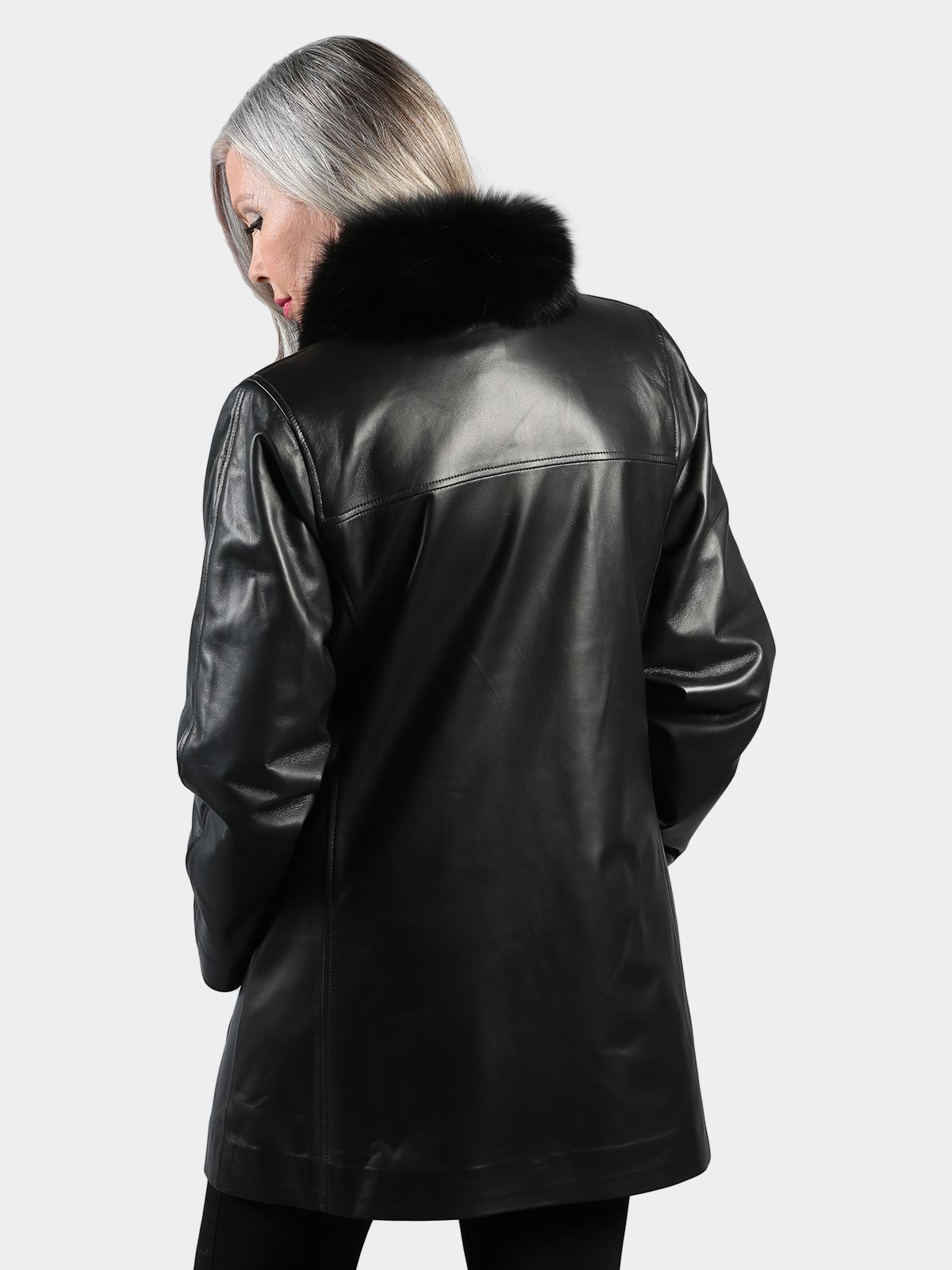 Woman's Black Nappa Leather Stroller with Black Fox Tuxedo Front Reversible to Rain Taffeta