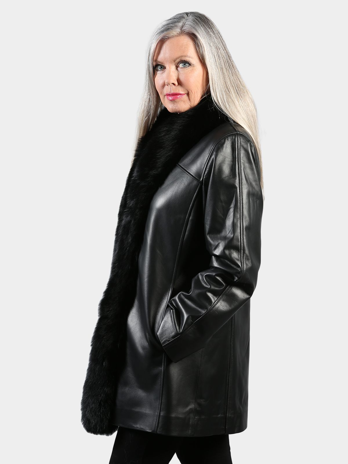 Woman's Black Nappa Leather Stroller with Black Fox Tuxedo Front Reversible to Rain Taffeta