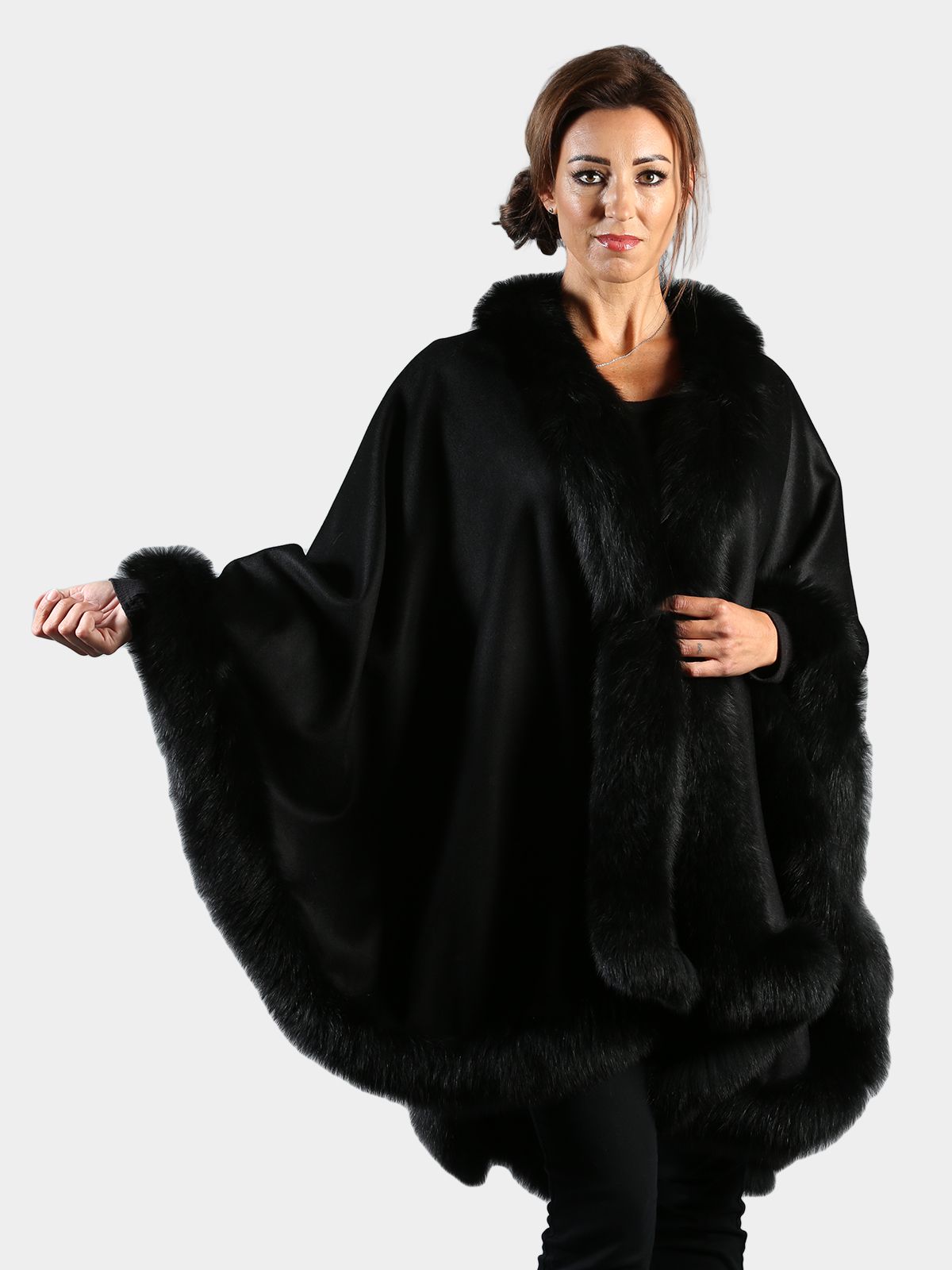 black cashmere cape with fur trim Woman's Black Cashmere Wool Cape with Matching Fox Trim
