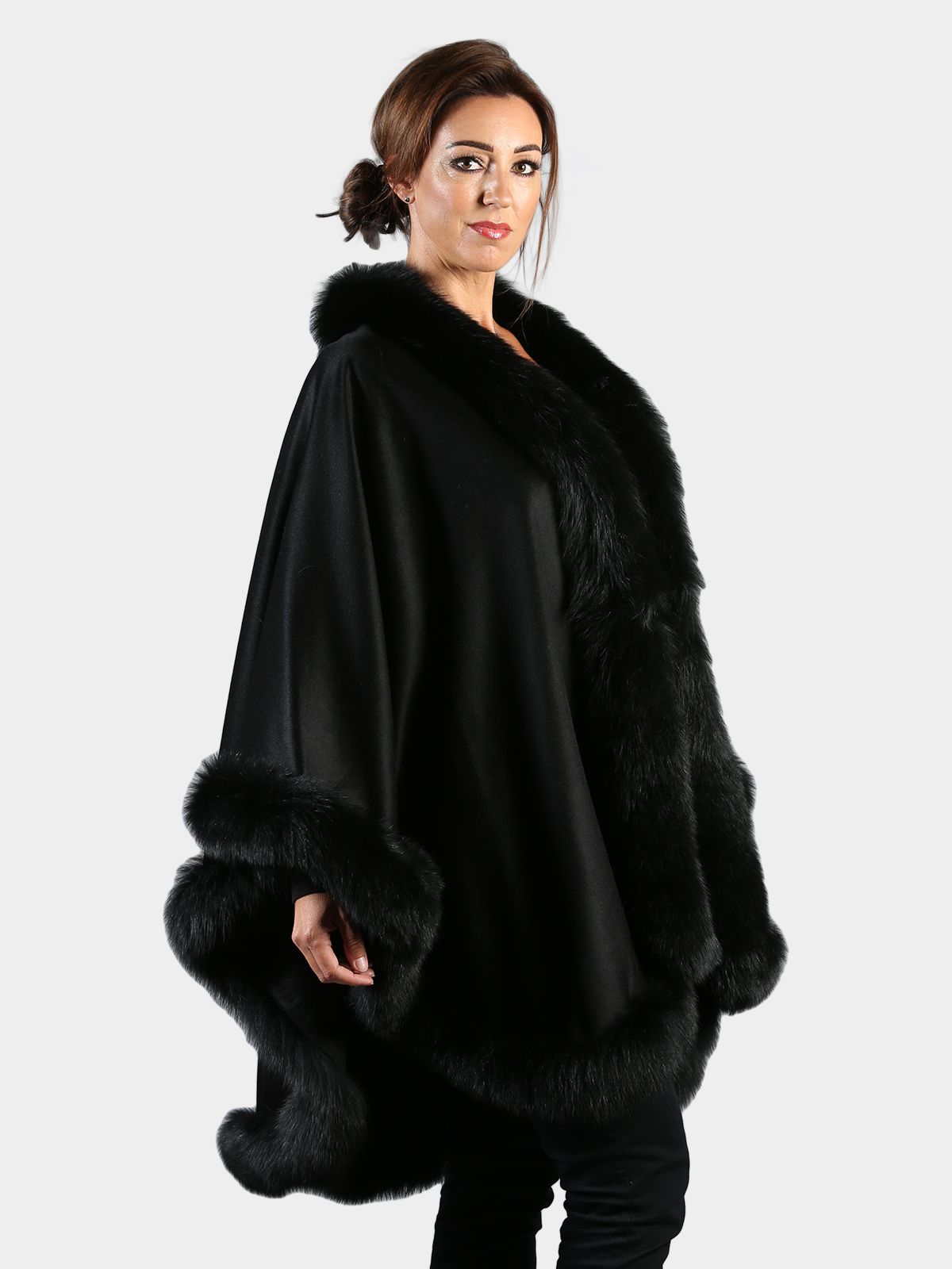 Woman's Black Cashmere Wool Cape with Matching Fox Trim