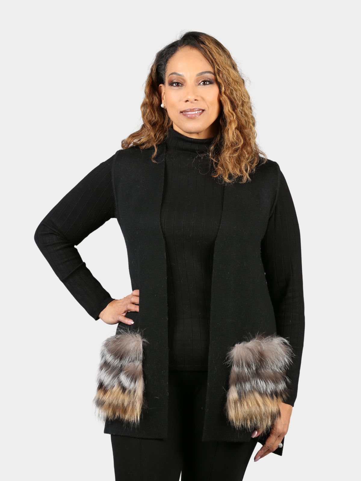 Women's Black Knit Vest with Golden Fox Pockets