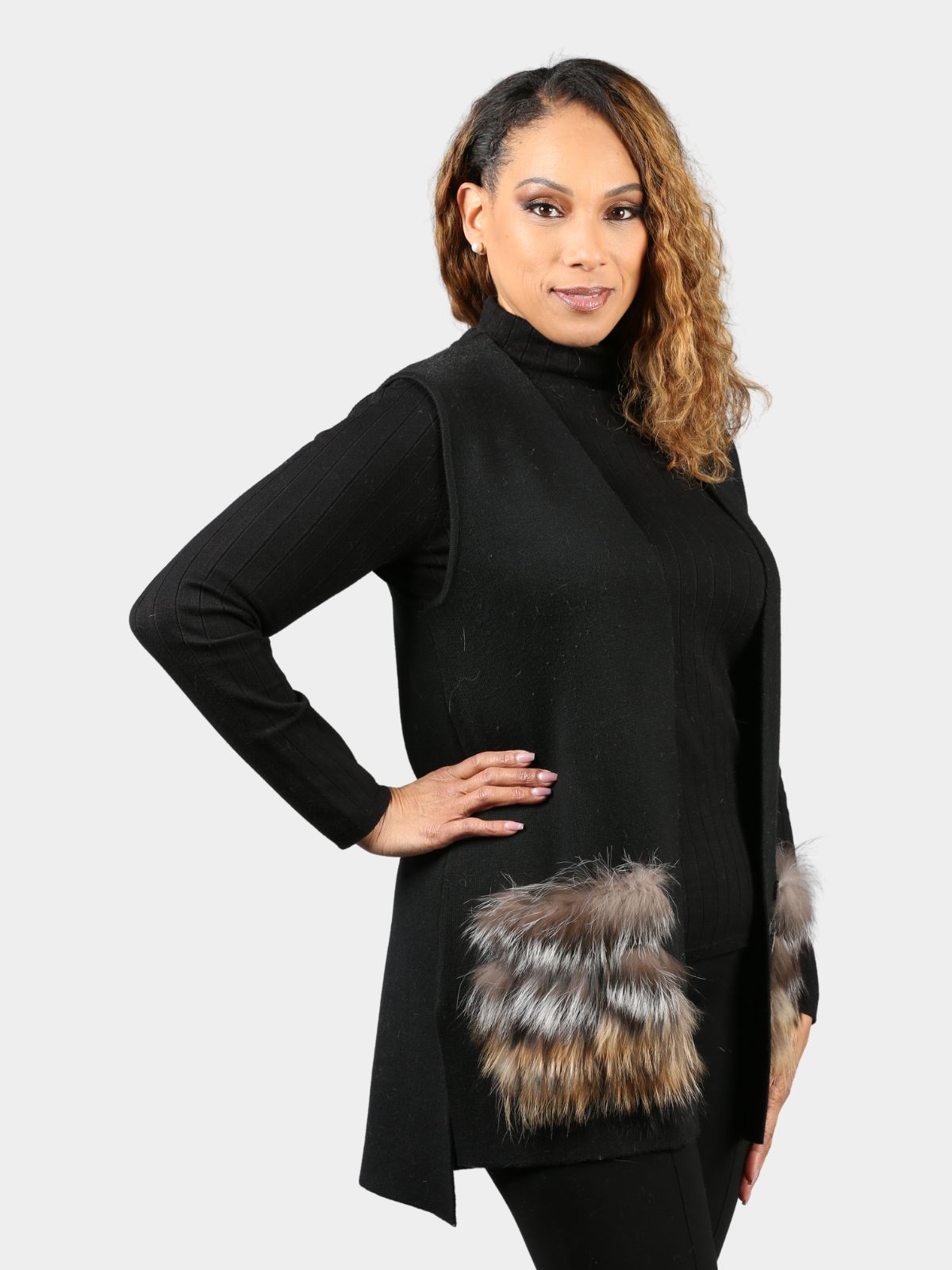 Women's Black Knit Vest with Golden Fox Pockets
