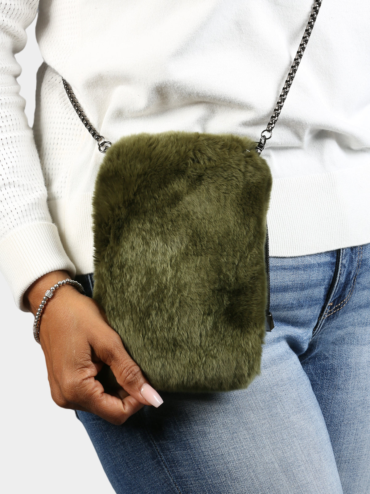 Women's Dyed Olive Rex Rabbit Fur Cross Body Bag