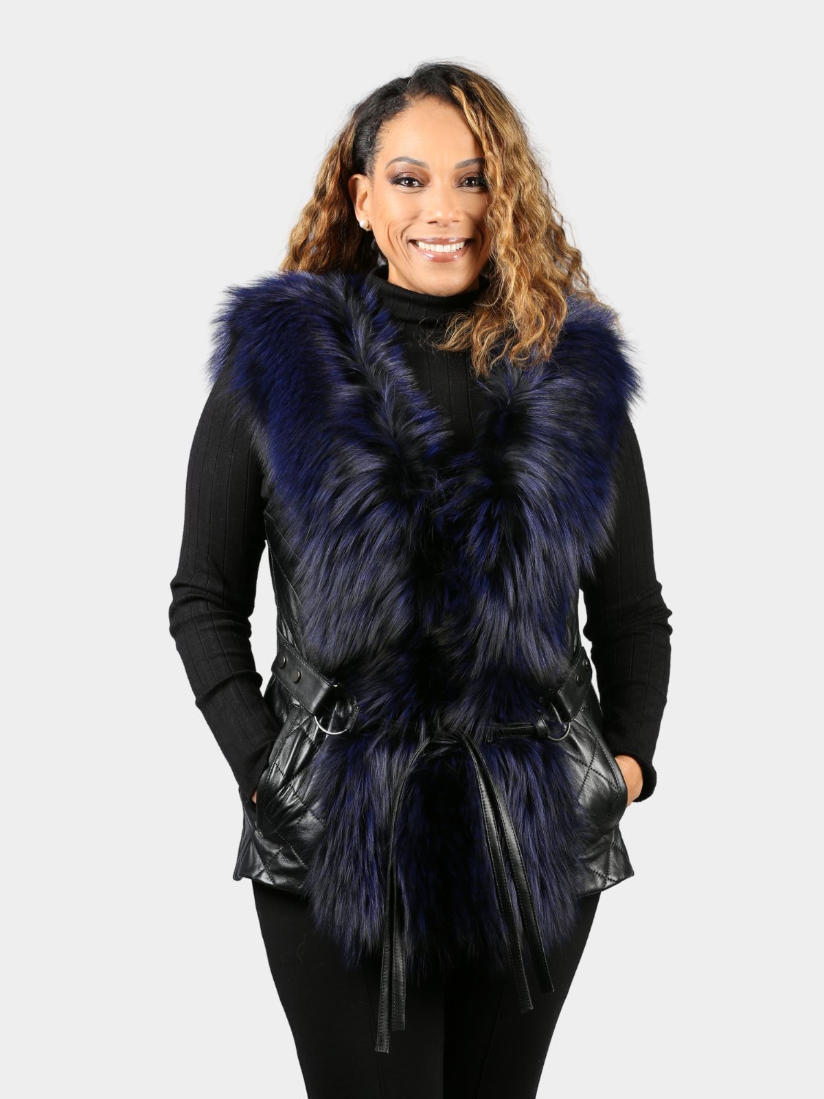 Women's Black Leather Vest with Dyed Electric Blue Silver Fox