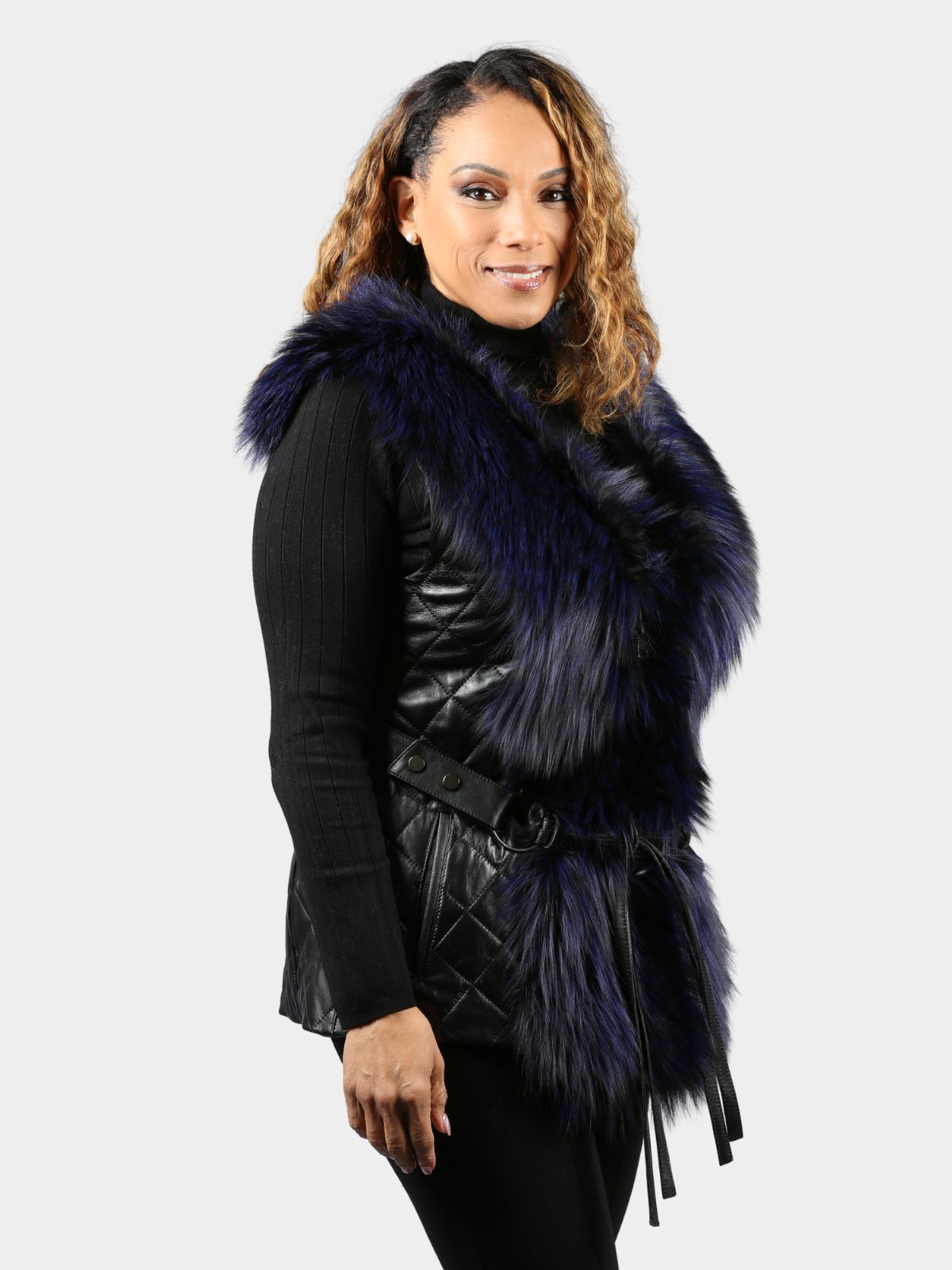 Women's Black Leather Vest with Dyed Electric Blue Silver Fox