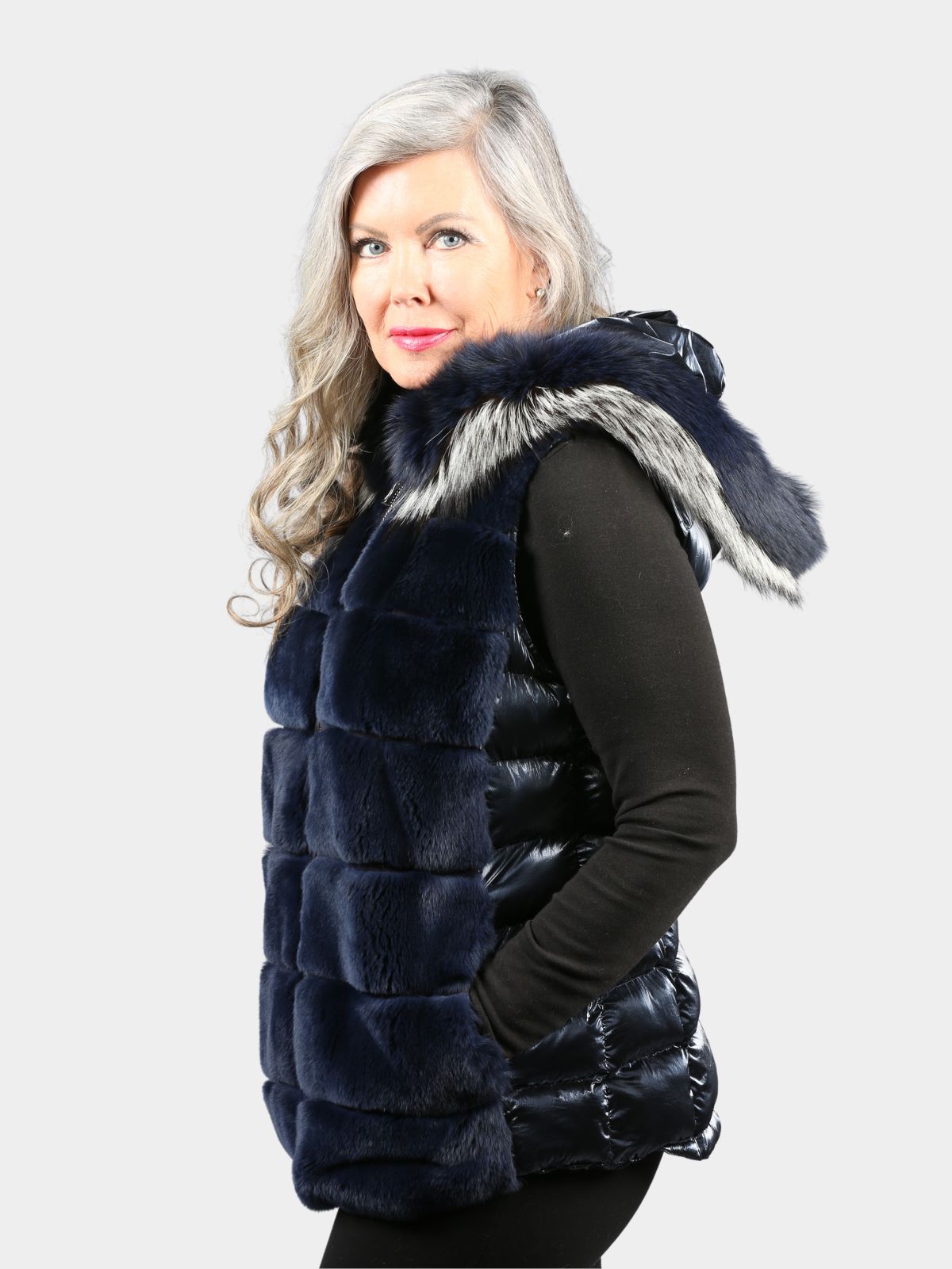 Women's Navy Metallic Fabric Rex Rabbit & Fox Vest