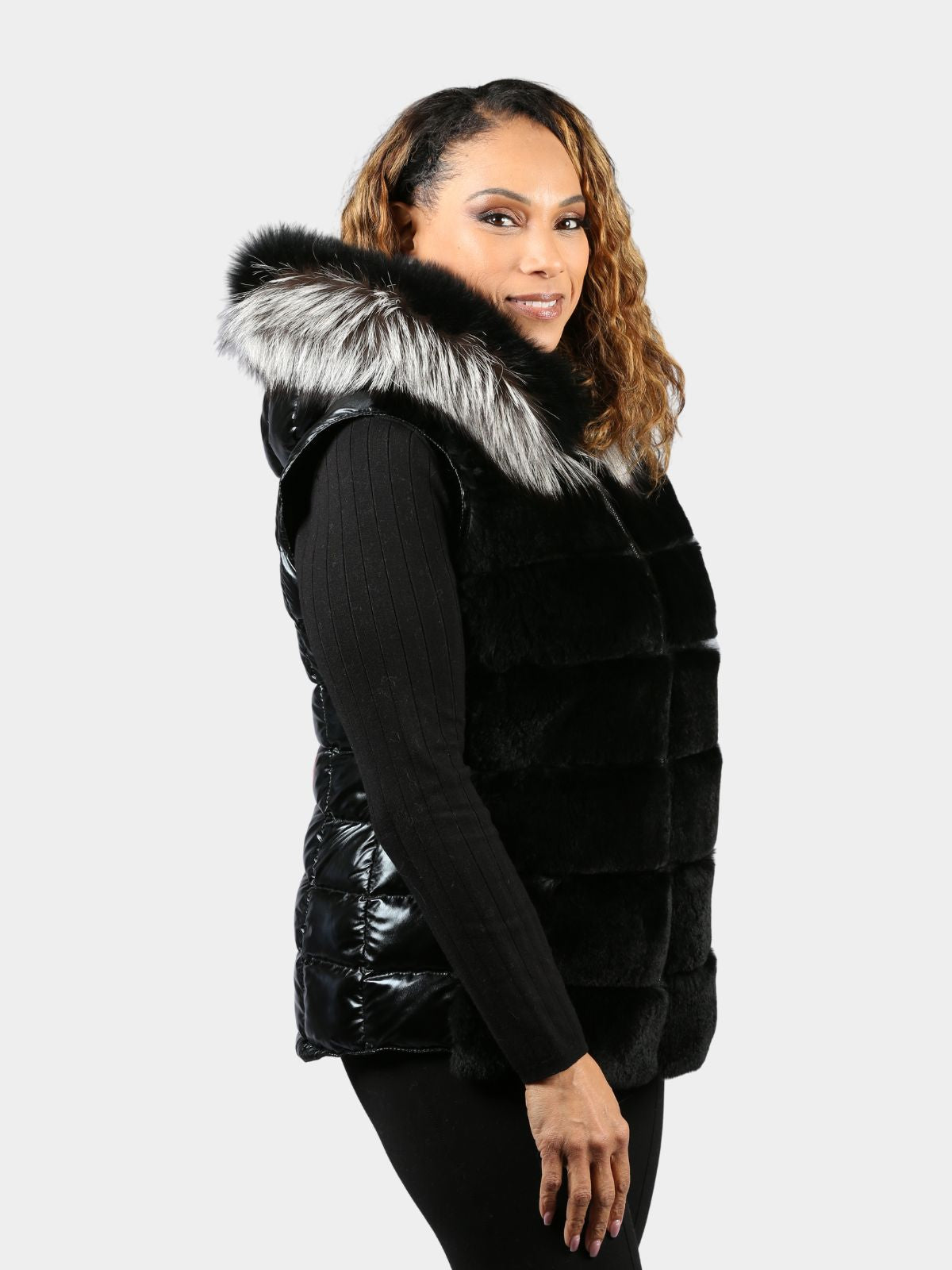 Women's Black Metallic Fabric Rex Rabbit & Fox Vest
