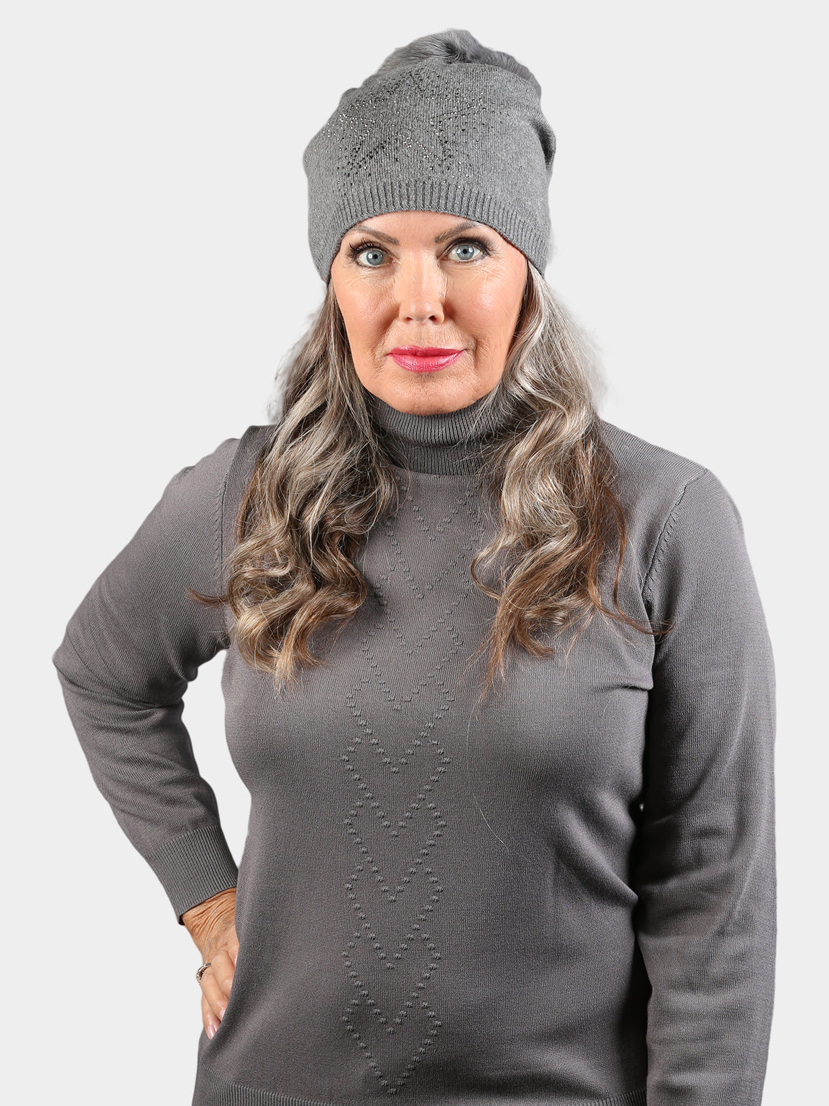 Woman's Charcoal Slouch Knit Hat with Dyed Gray Fox Fur Pom