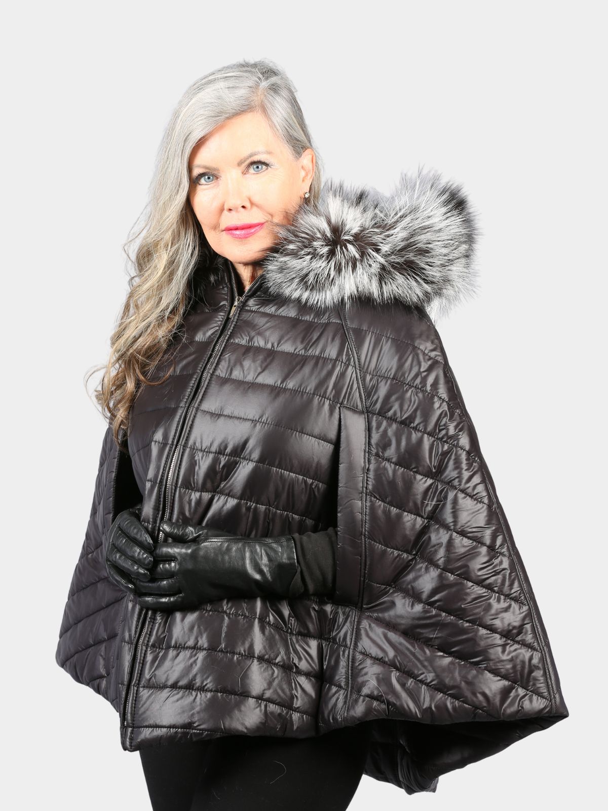 Women's Black Fabric Cape with Silver Fox Trim