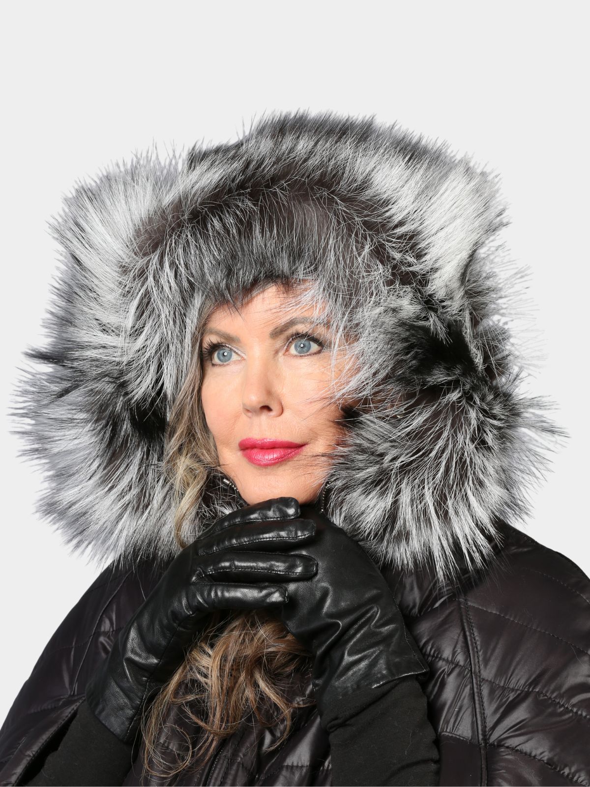 Women's Black Fabric Cape with Silver Fox Trim