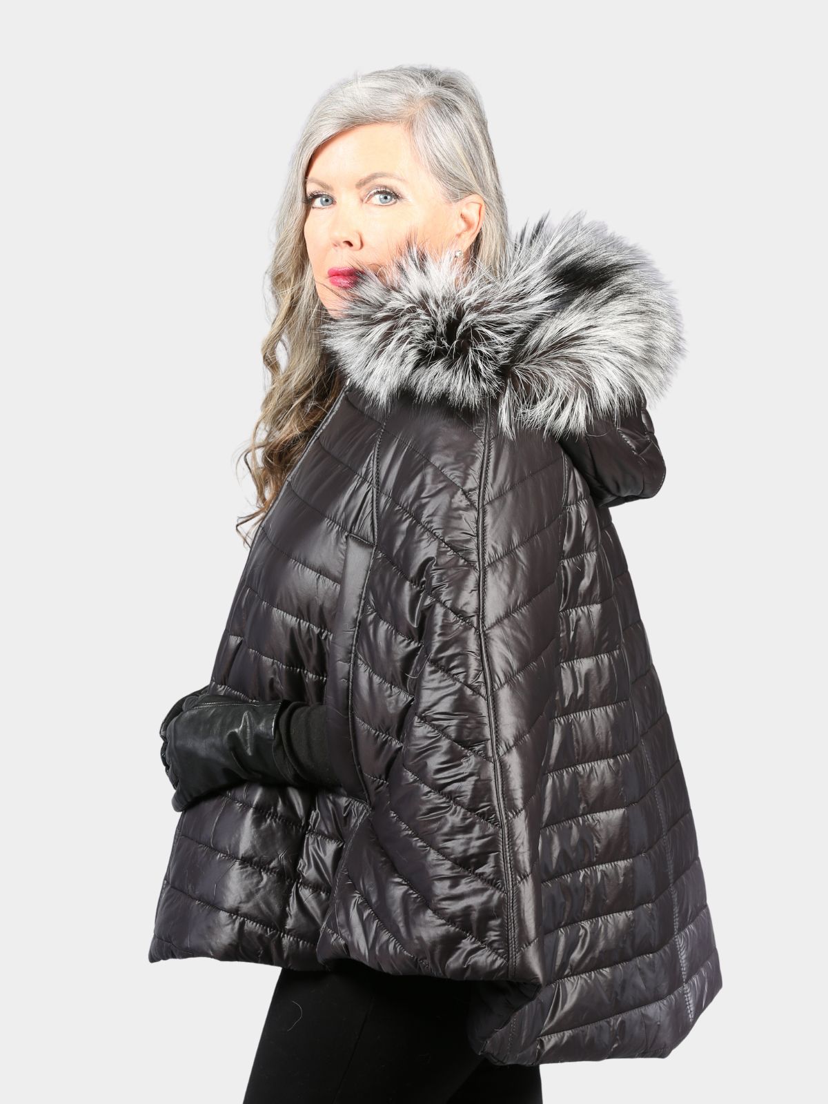 Women's Black Fabric Cape with Silver Fox Trim