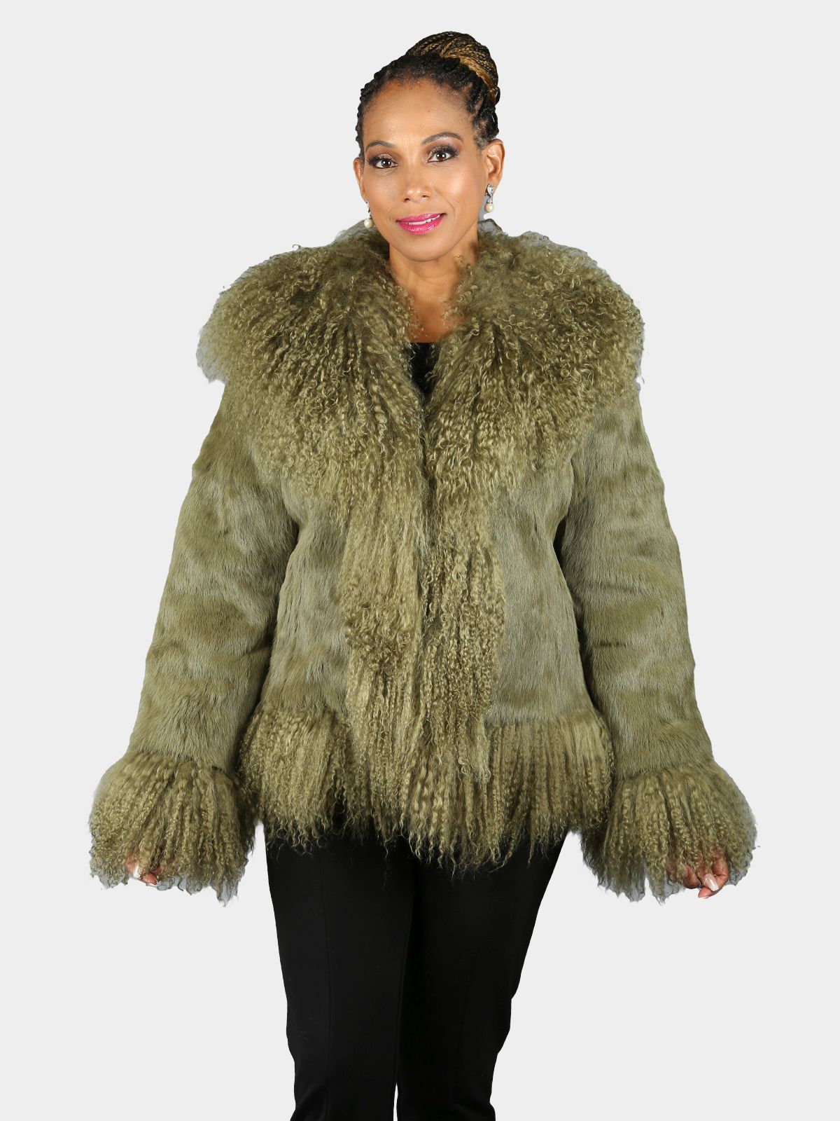 Woman's Olive Green Full Skin Rabbit Fur Jacket - Main Image