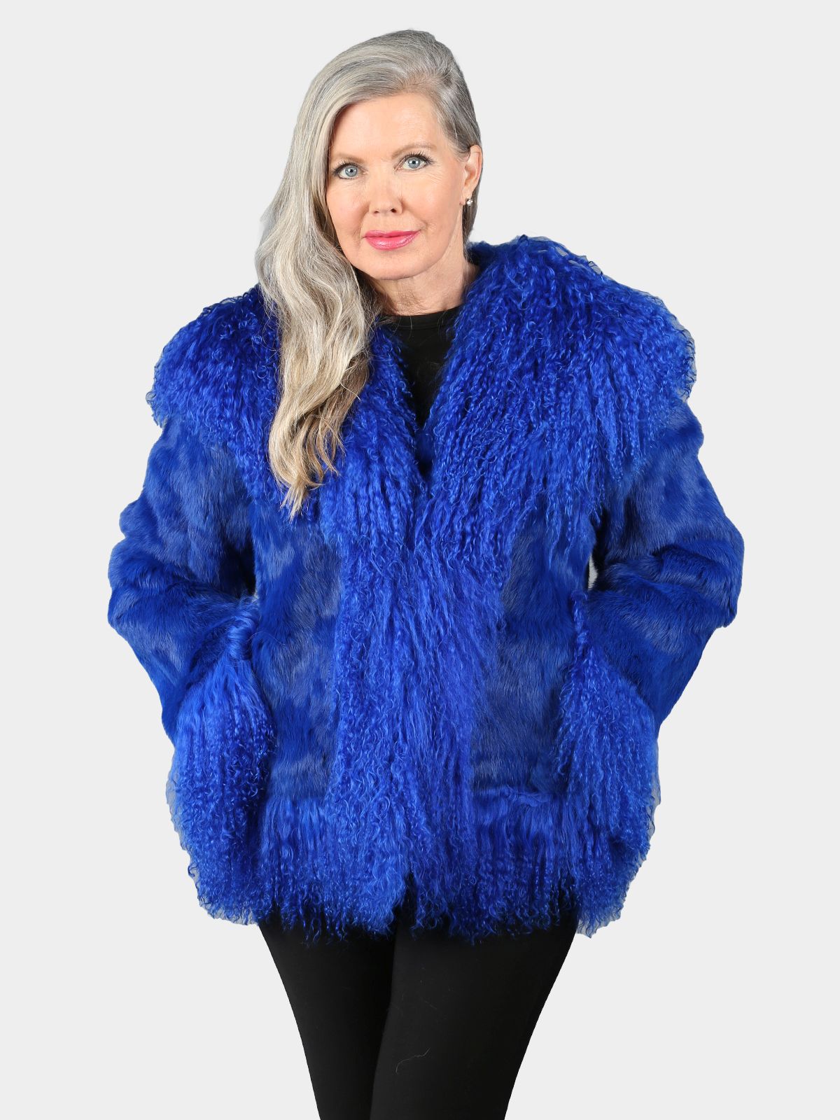 Woman's Royal Blue Full Skin Rabbit Fur Jacket - Main Image