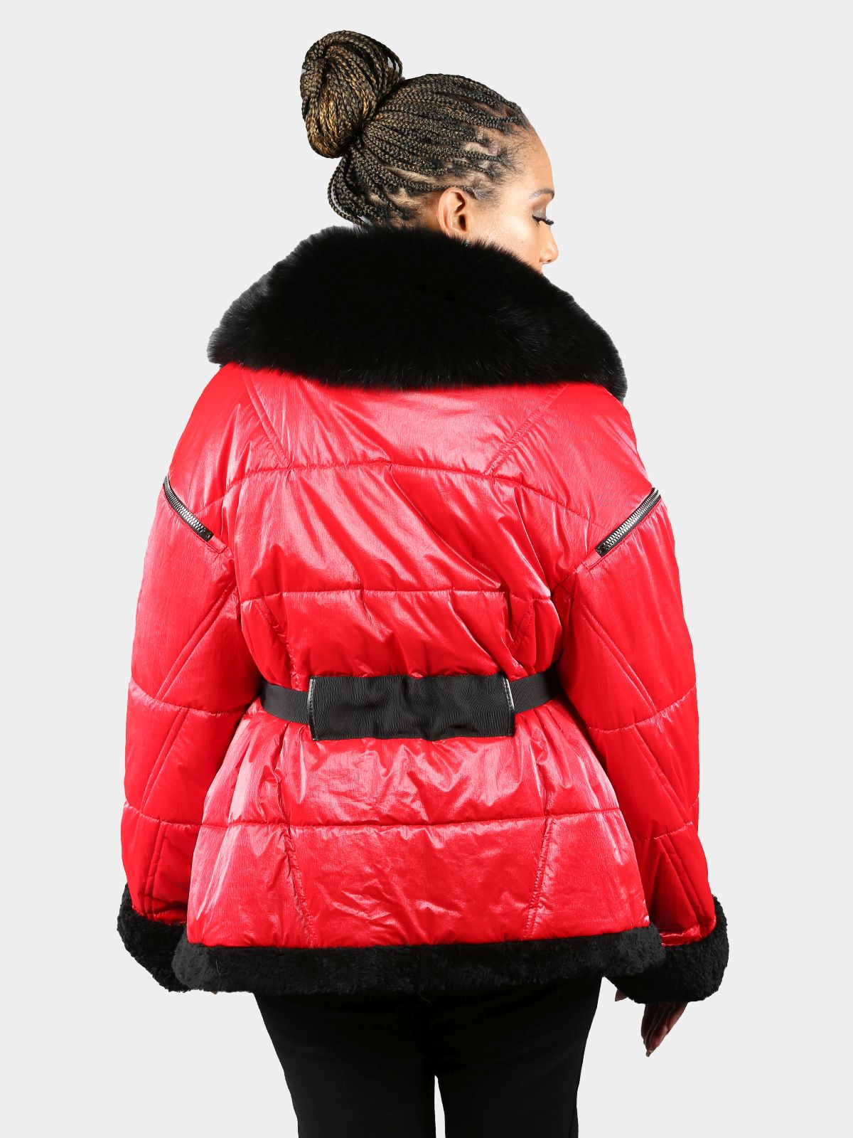 Woman's Red Fabric Jacket with Black Curly Lamb Fur Collar Cuffs And Trim