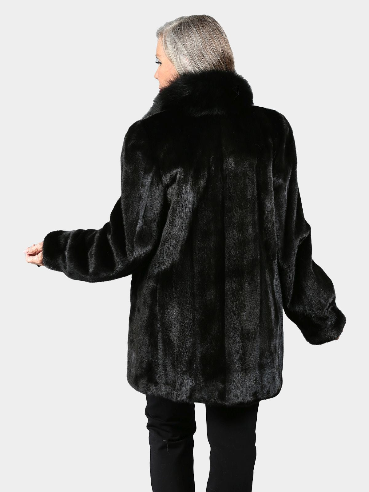 Woman's Black Female Mink Fur Stroller with Black Fox Tuxedo Front