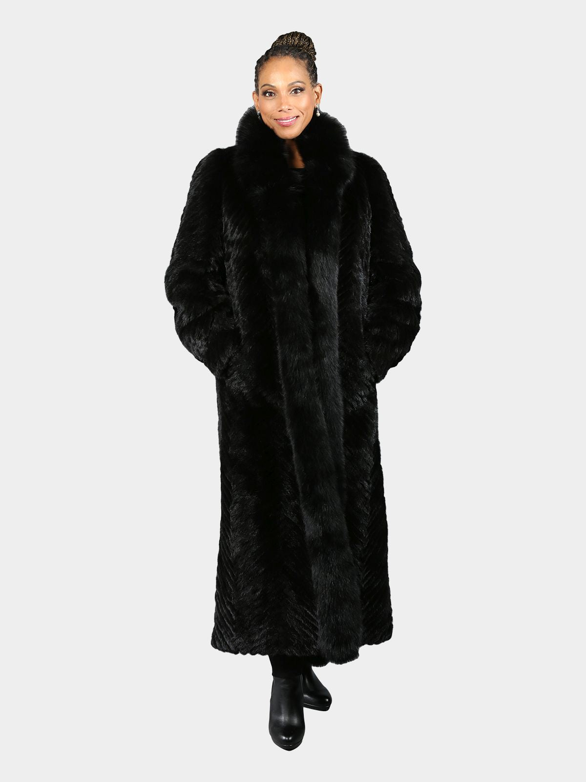 Woman's Black Section Mink Fur Coat with Matching Black Fox Tuxedo Fro