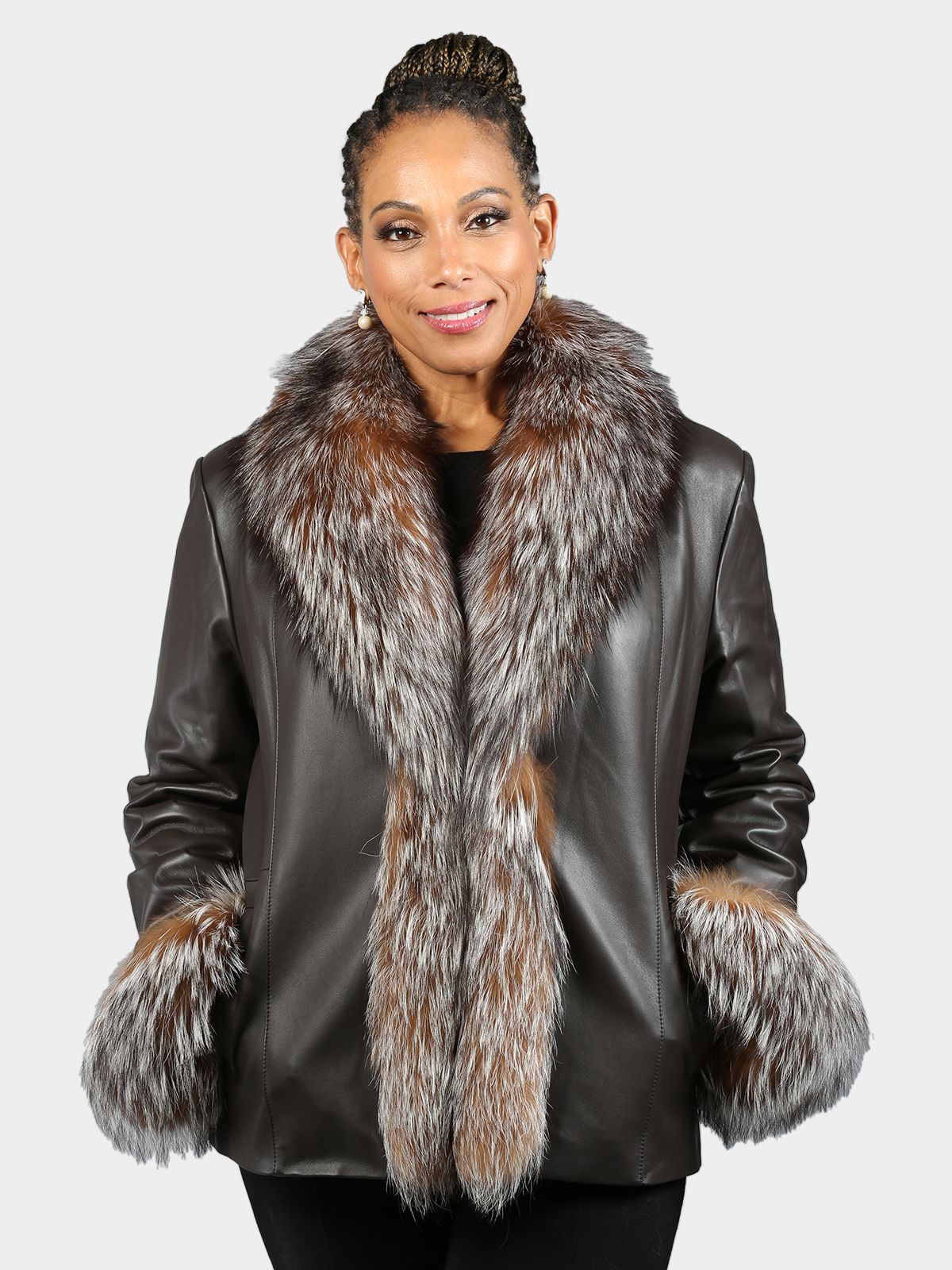 Men 100% Real Fox Fur Collar Sheepskin Leather Fur Lined Coat Jacket Outwear