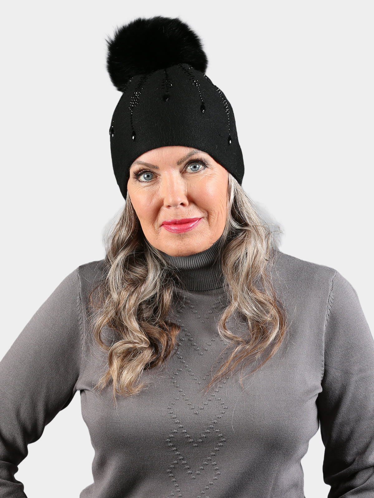 Woman's Black Knit Hat with Black Fox Fur Pom