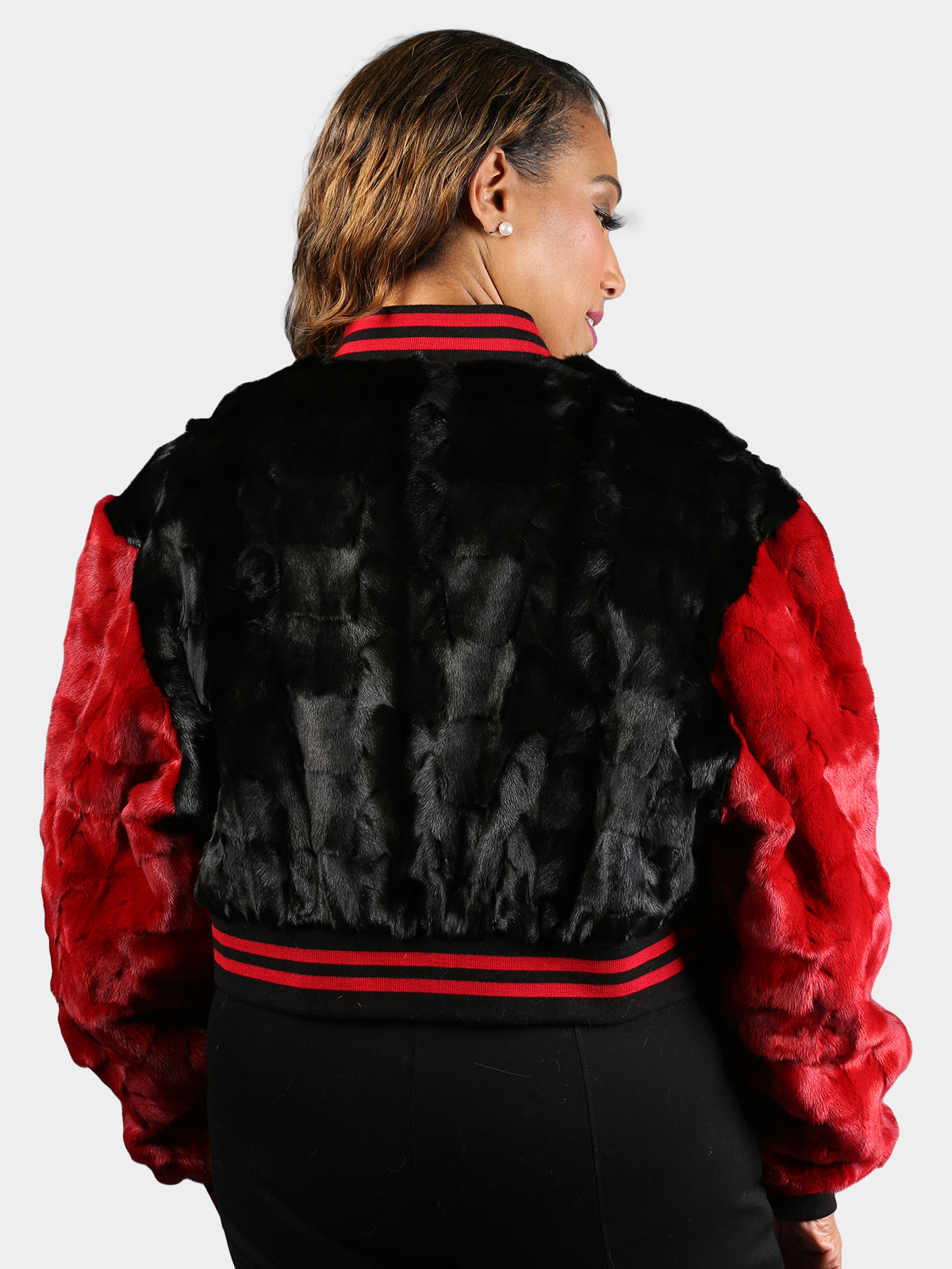 Women's Black & Red Mink Section Fur Baseball Jacket