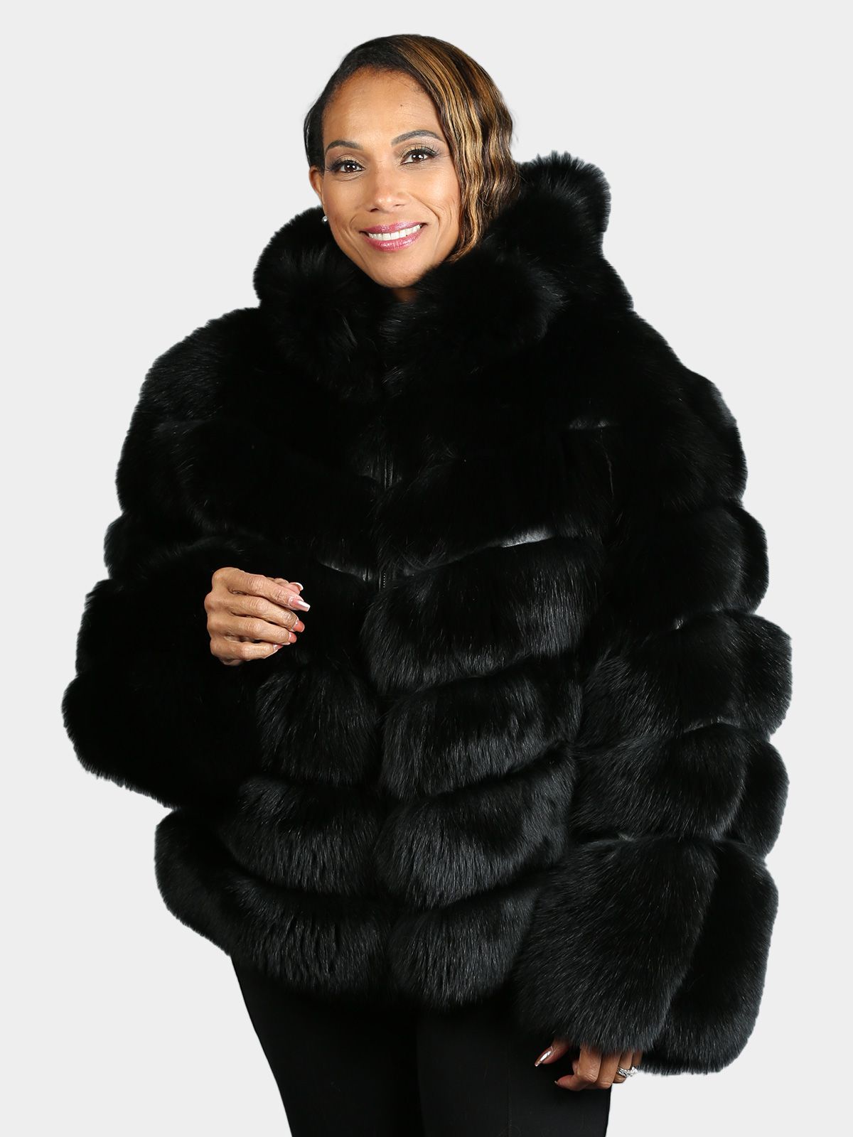 Woman's Black Fox Fur Jacket With Hood - Main Image