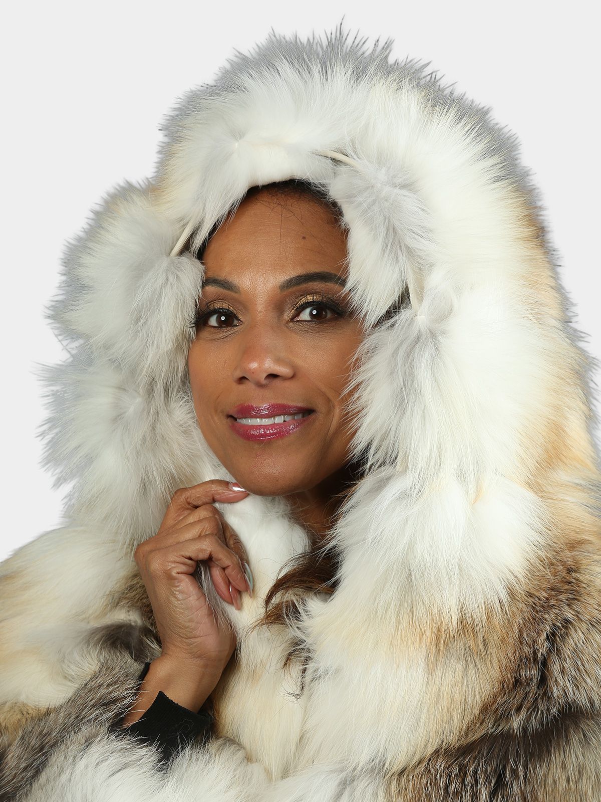 Woman's Natural Golden And Shadow Fox Fur Jacket With Hood