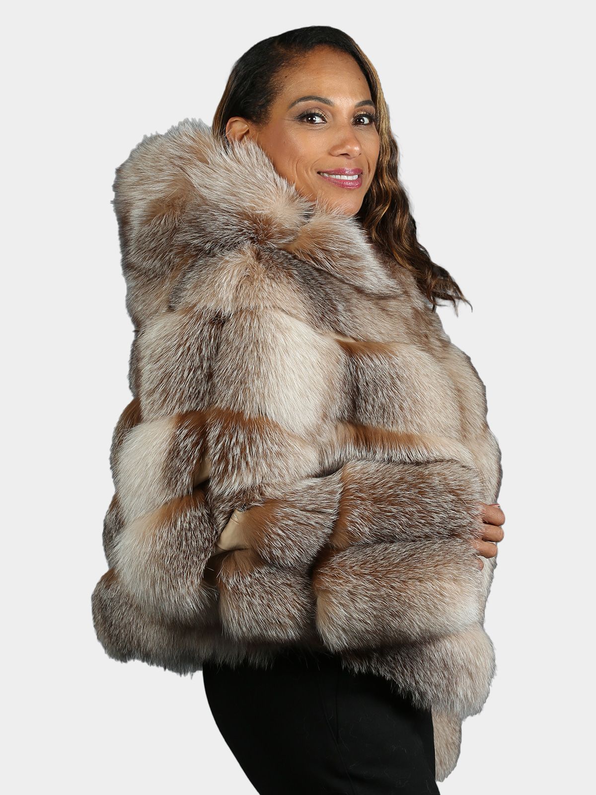 Woman's Natural Crystal Fox Fur Jacket With Hood