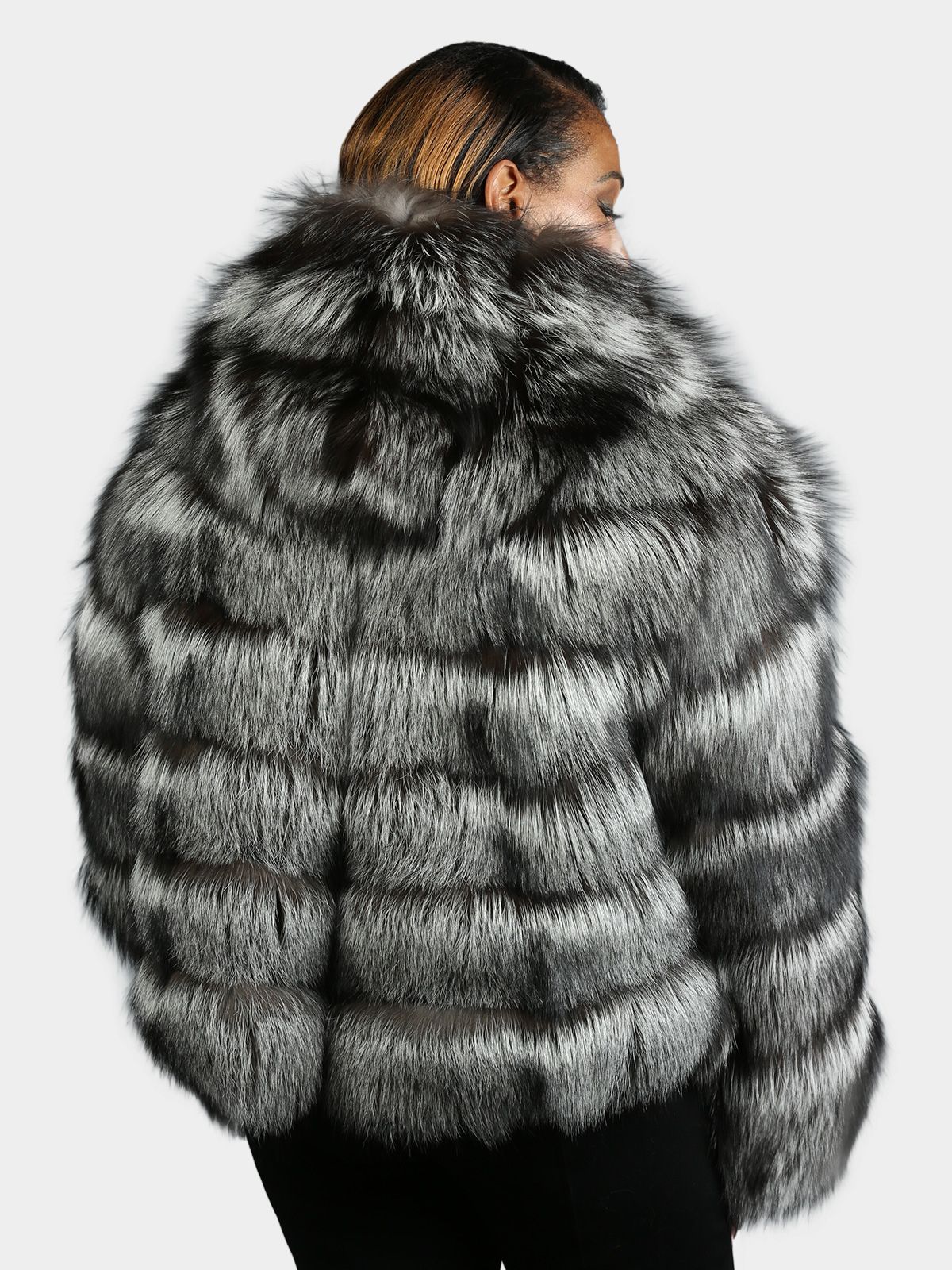 Woman's Natural Silver Fox Fur Jacket With Hood
