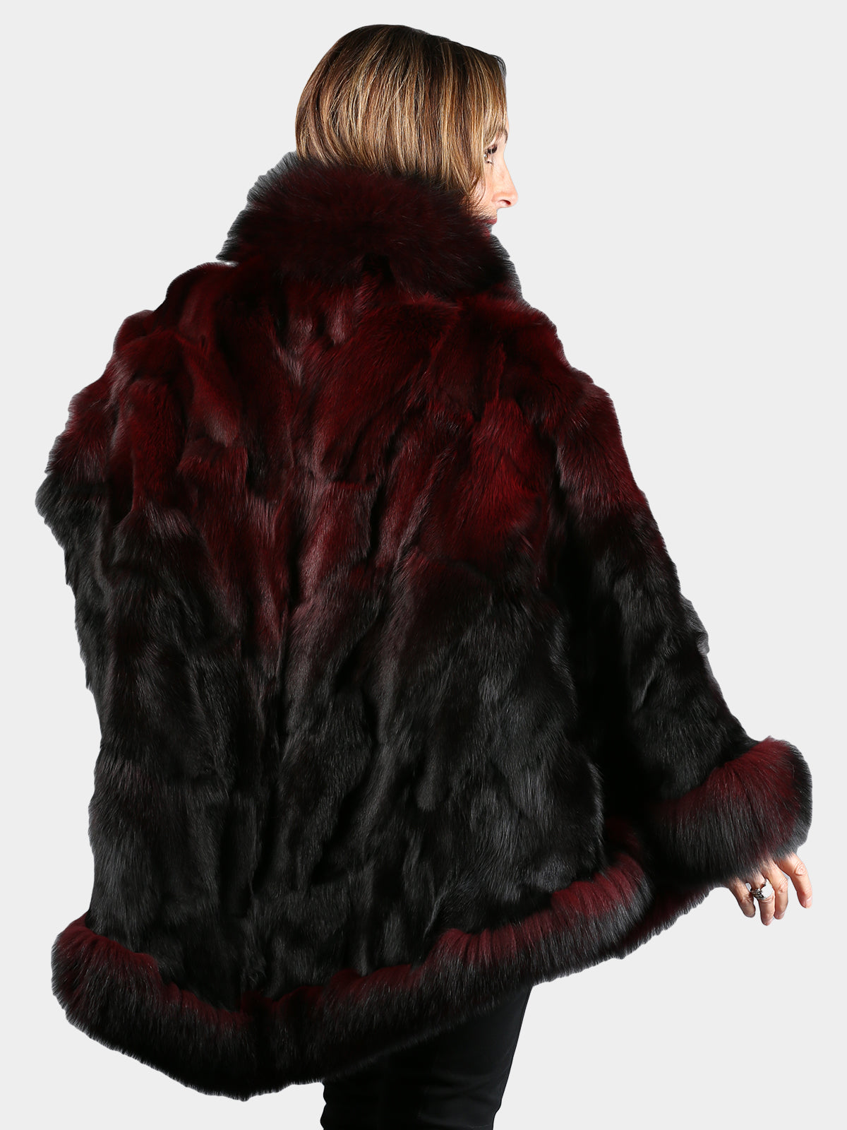 Women's Burgundy Fox Section Fur Poncho