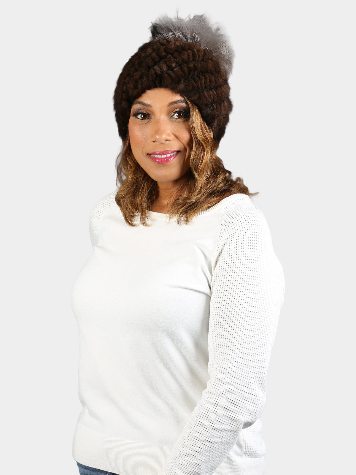 Women's Brown Knitted Mink Fur Hat with Fox Fur Pom