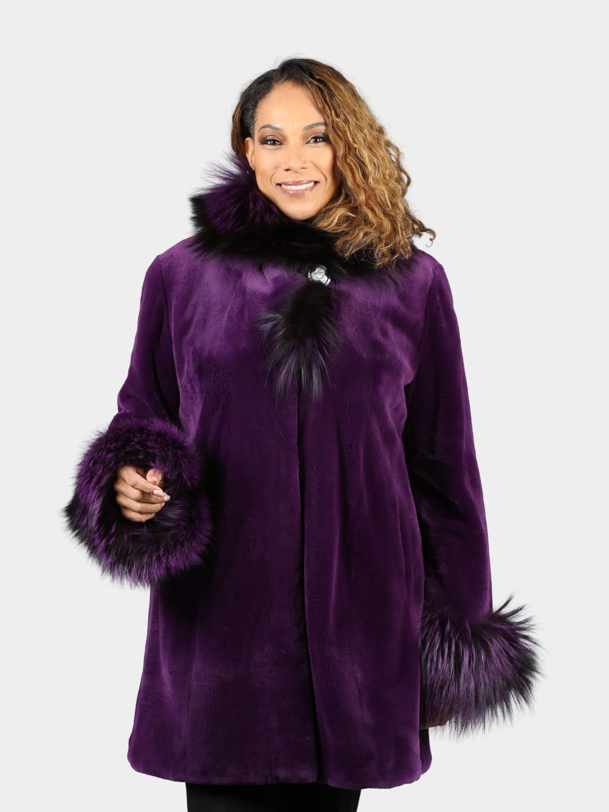 Women's Royal Purple Sheared Mink Fur Stroller with Fox